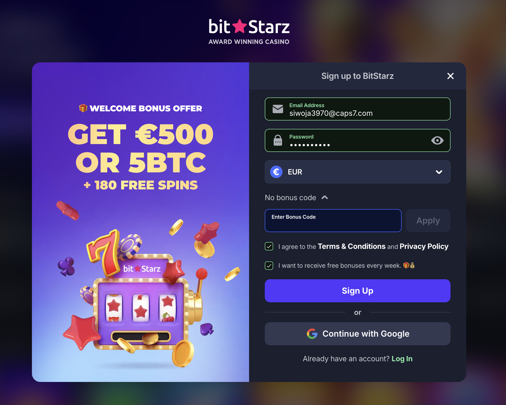 BitStarz registration — optional Enter Bonus Code field expanded