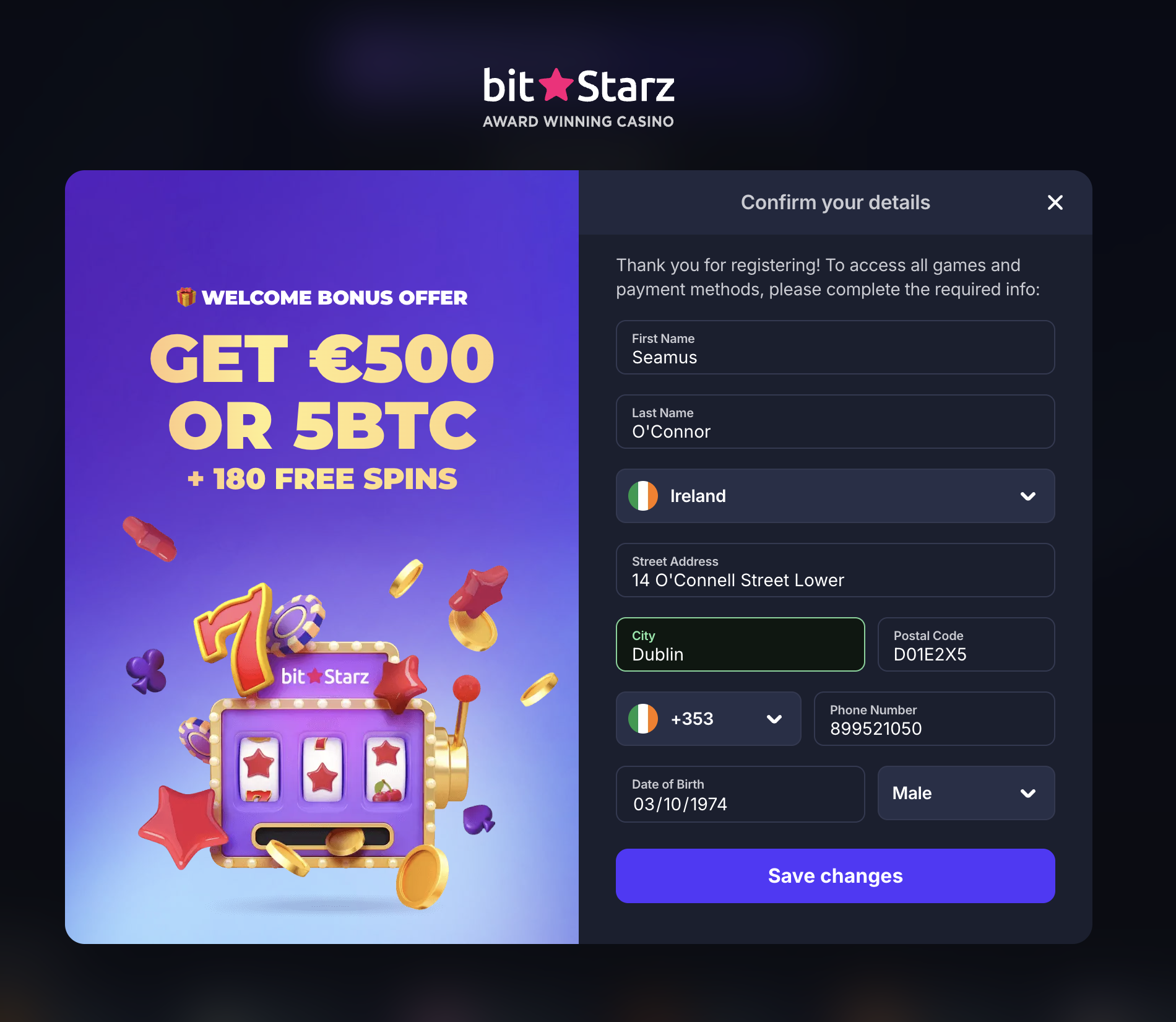 BitStarz confirm details — Ireland address, +353 mobile, date of birth