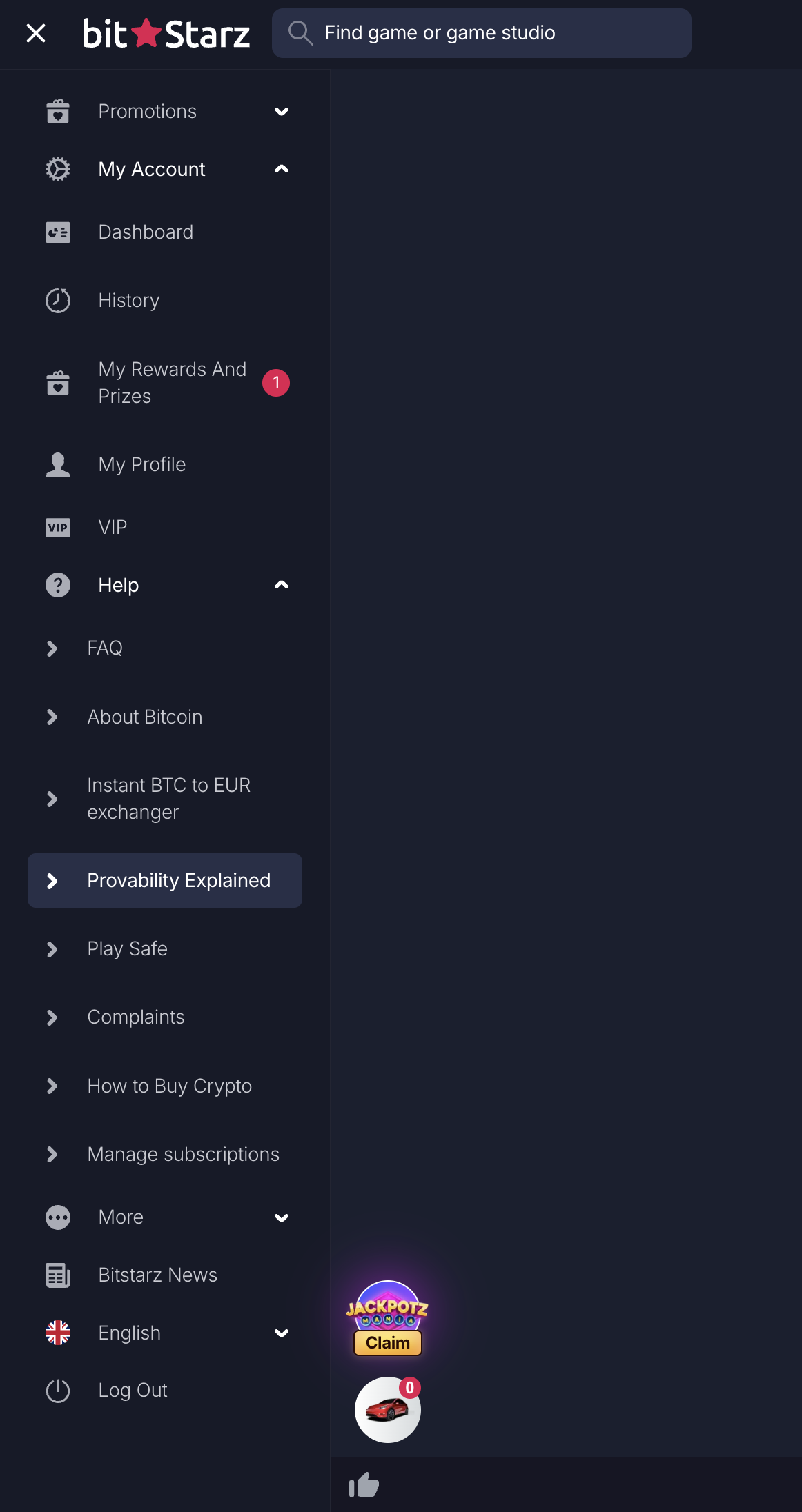 BitStarz Help sidebar with Provability Explained selected