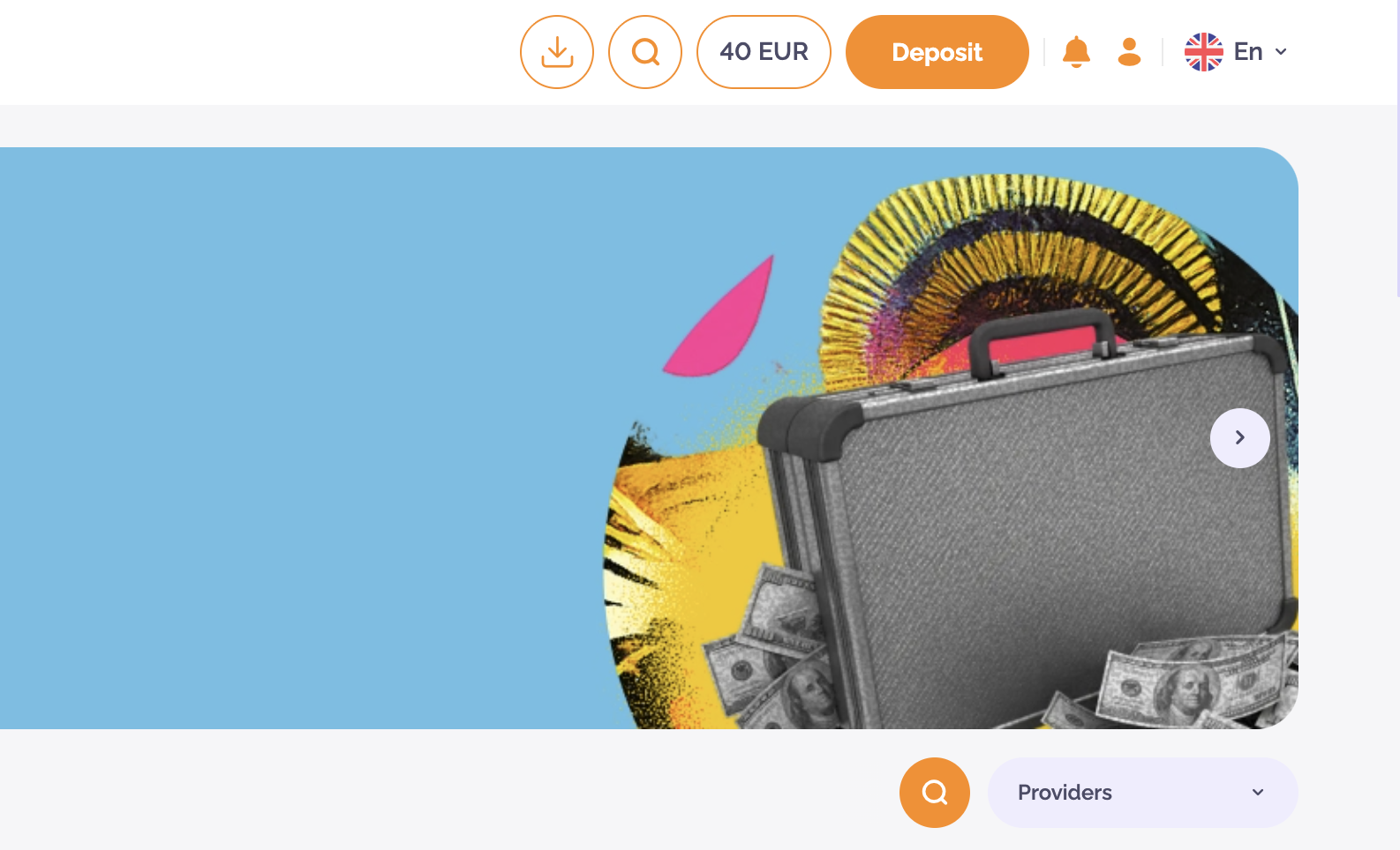 Boho Casino header showing 40 EUR balance after Visa deposit and welcome bonus