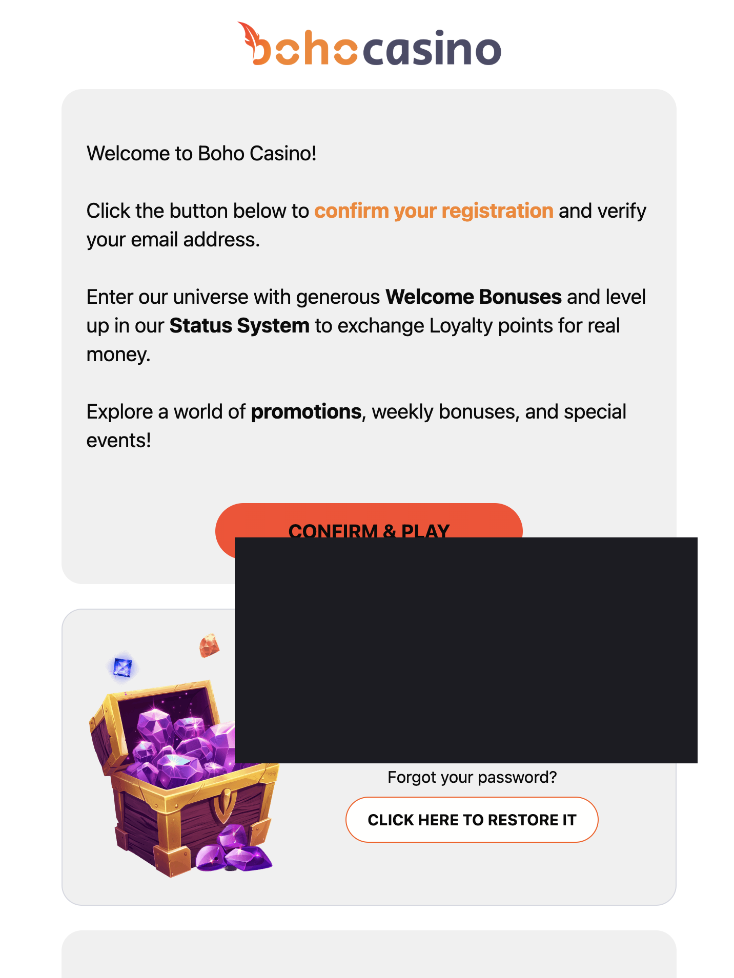 Boho Casino confirm registration email with Confirm and Play CTA