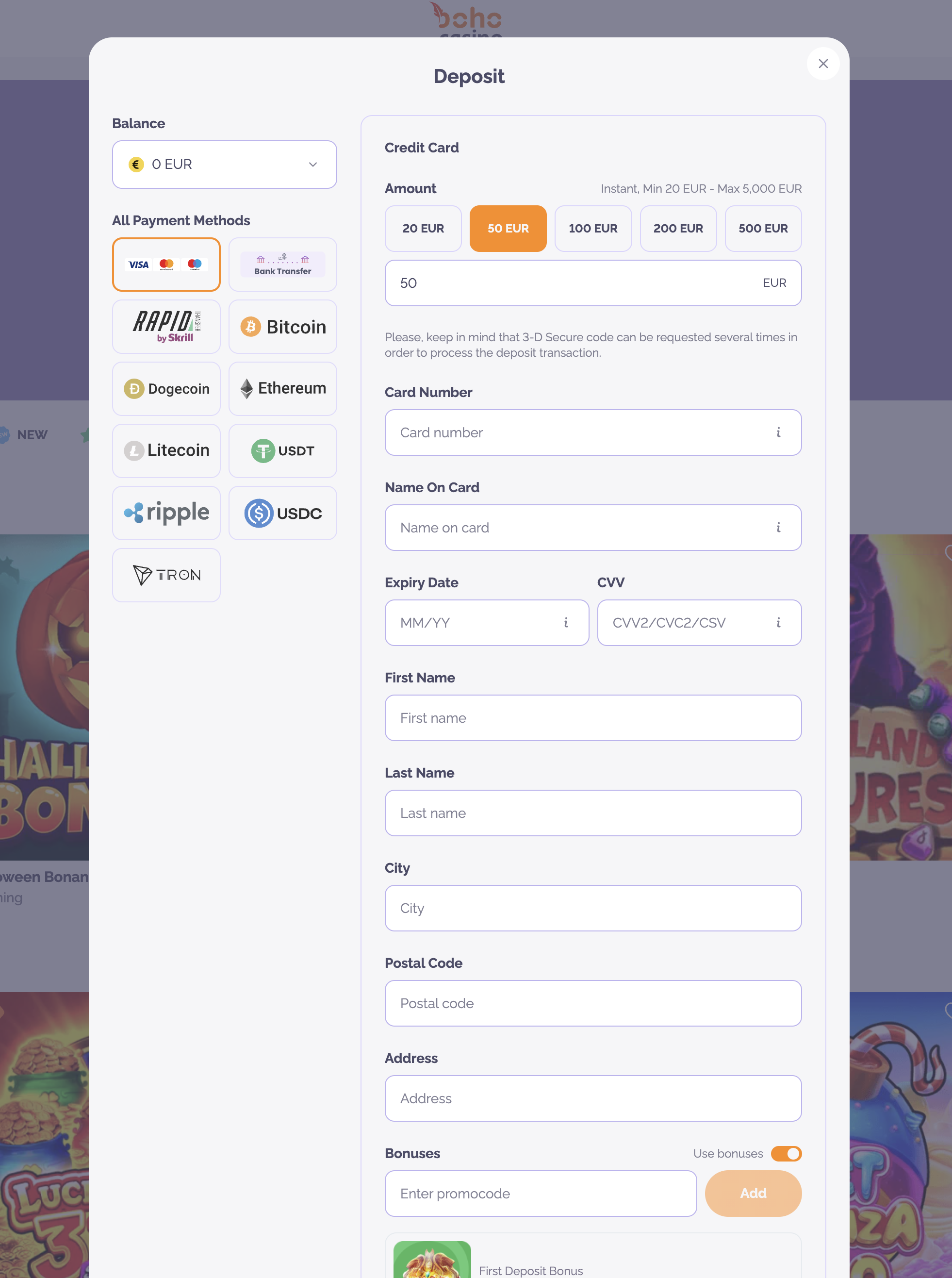 Boho Casino deposit cashier with card selected and payment methods including crypto