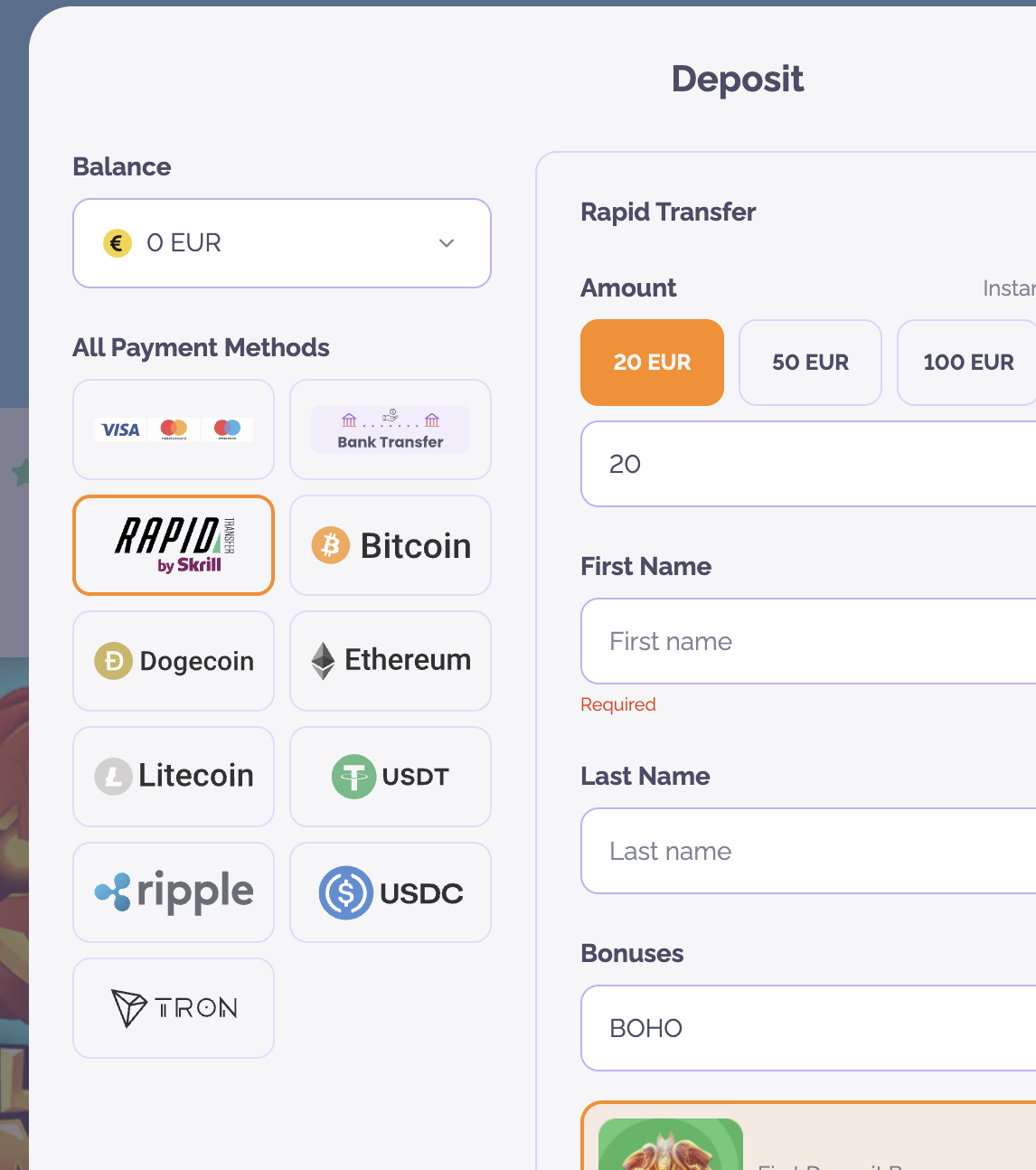 Boho Casino Rapid by Skrill deposit with BOHO promocode and 20 EUR selected