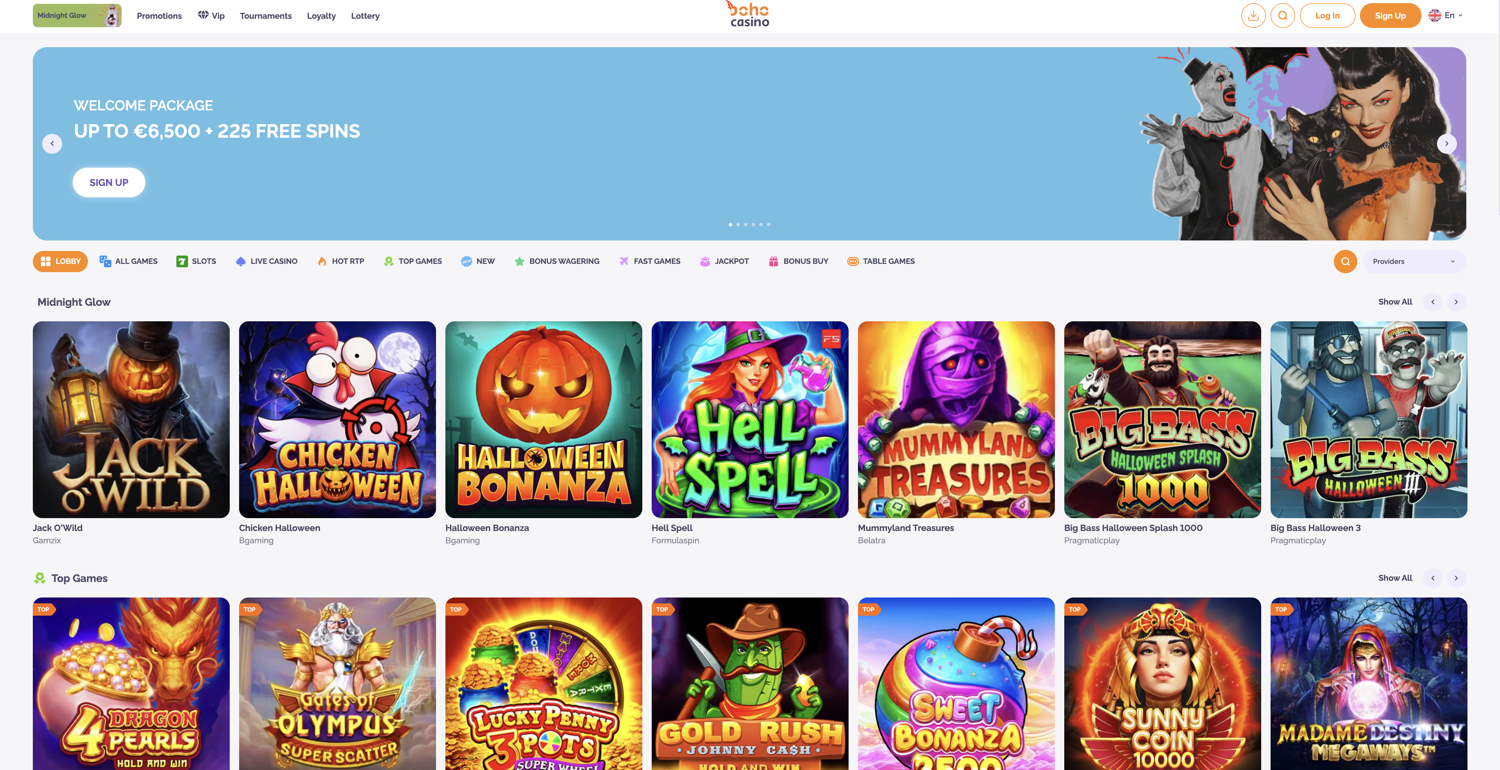 Boho Casino homepage with Ireland locale