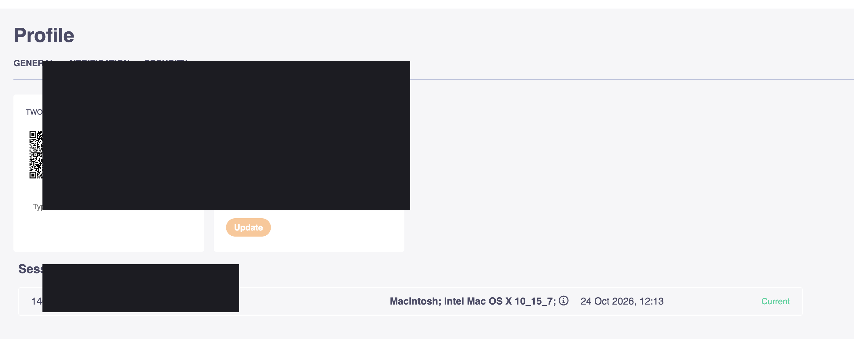 Boho Casino Profile Security tab with 2FA and sessions — no responsible gambling limits