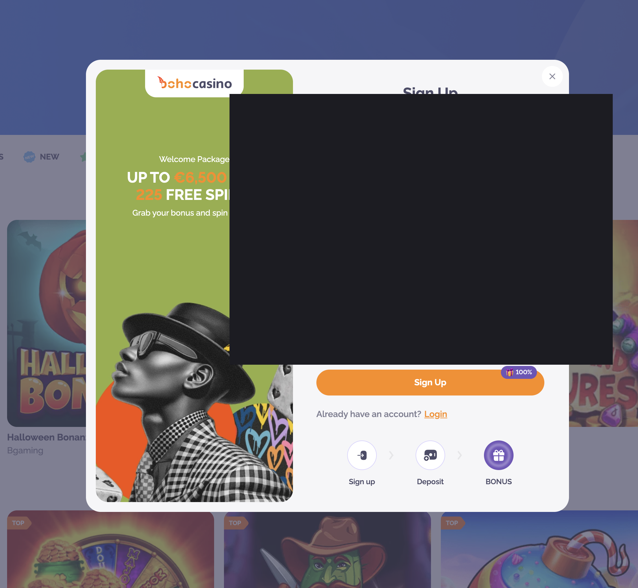 Boho Casino one-step Sign Up modal with welcome package up to 6500 euro and 225 free spins