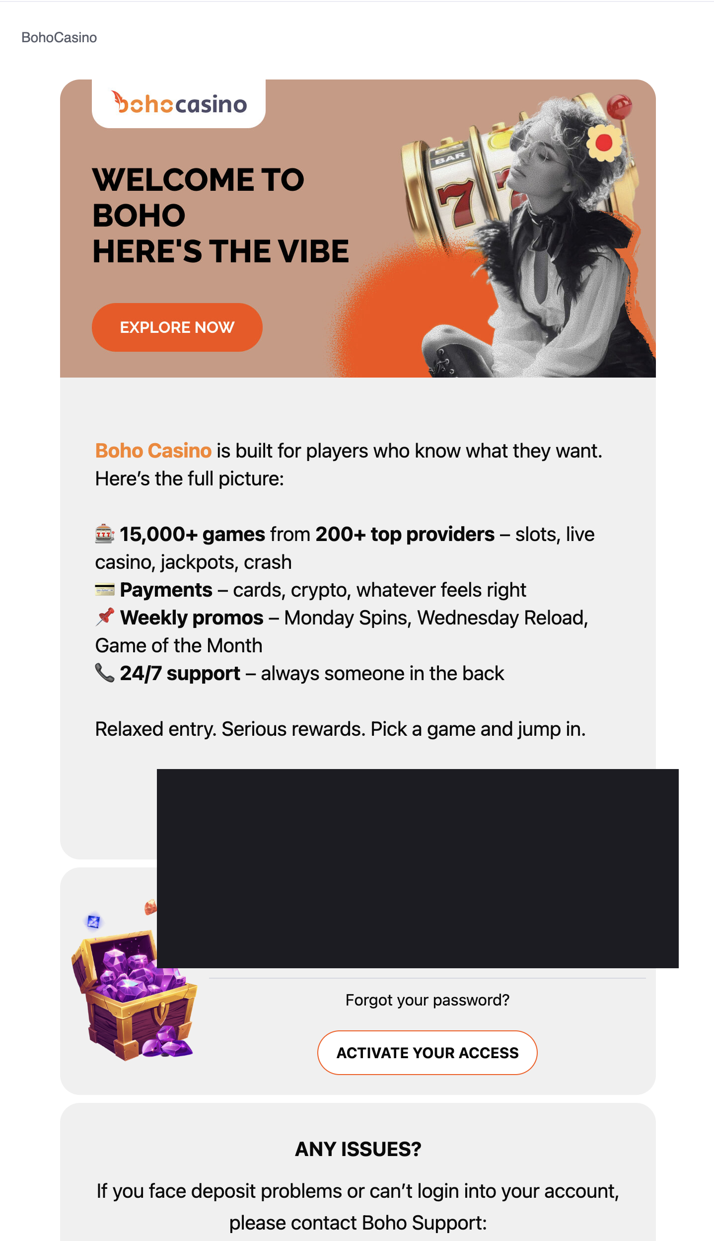 Boho Casino welcome email after registration