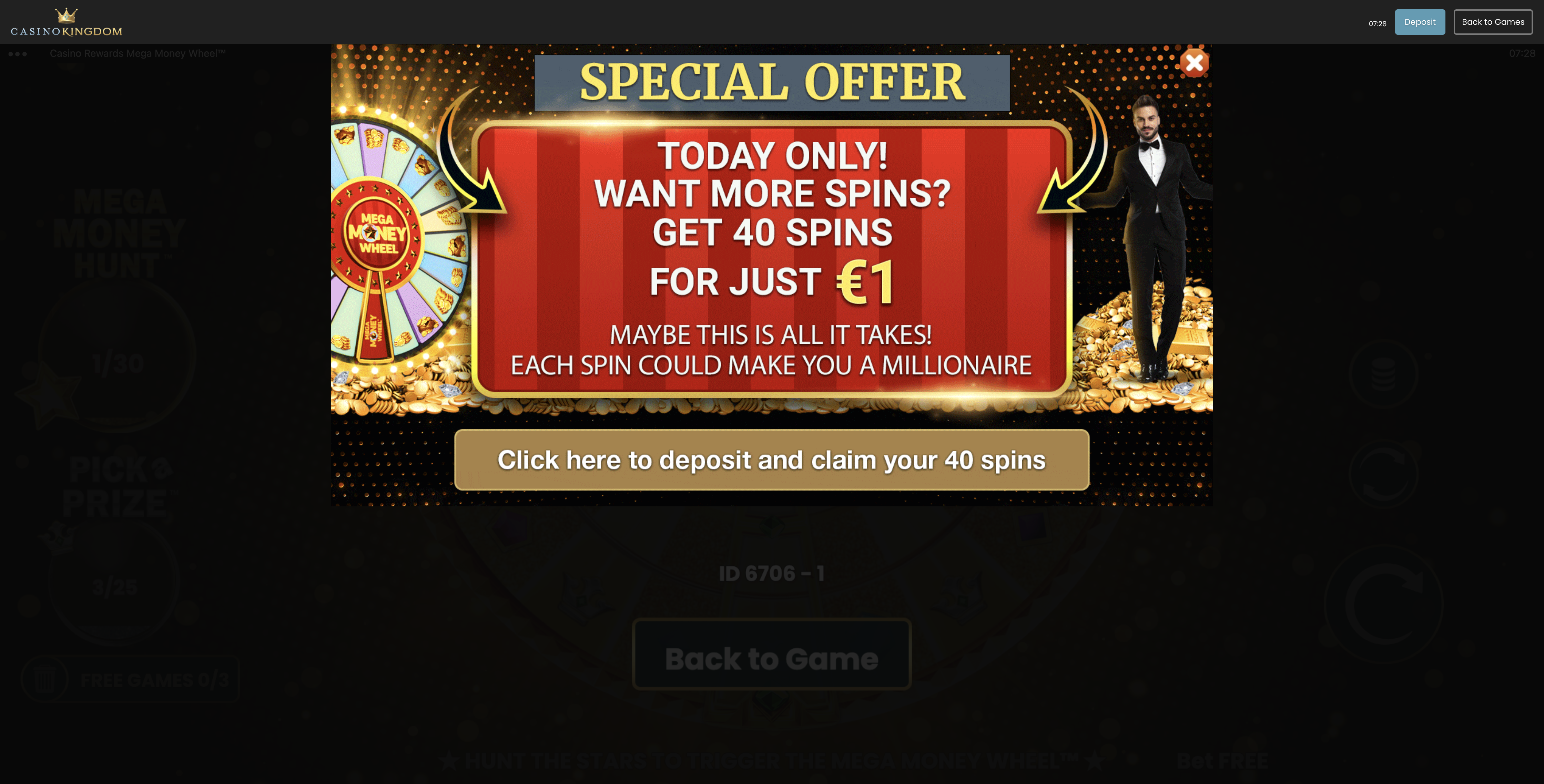 Casino Kingdom Mega Money Wheel — 40 extra chances for a €1 first deposit