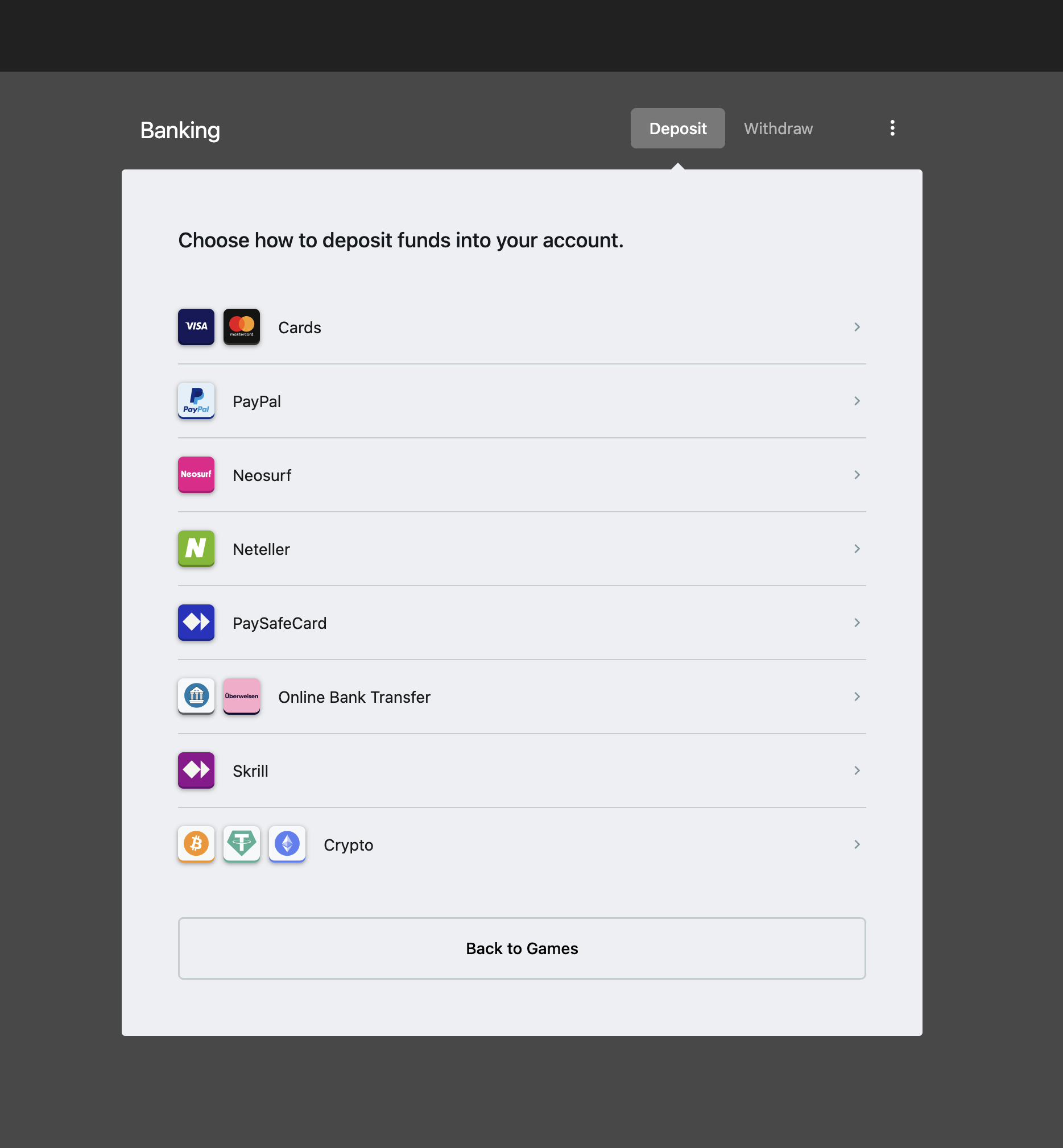 Casino Kingdom cashier with deposit methods listed