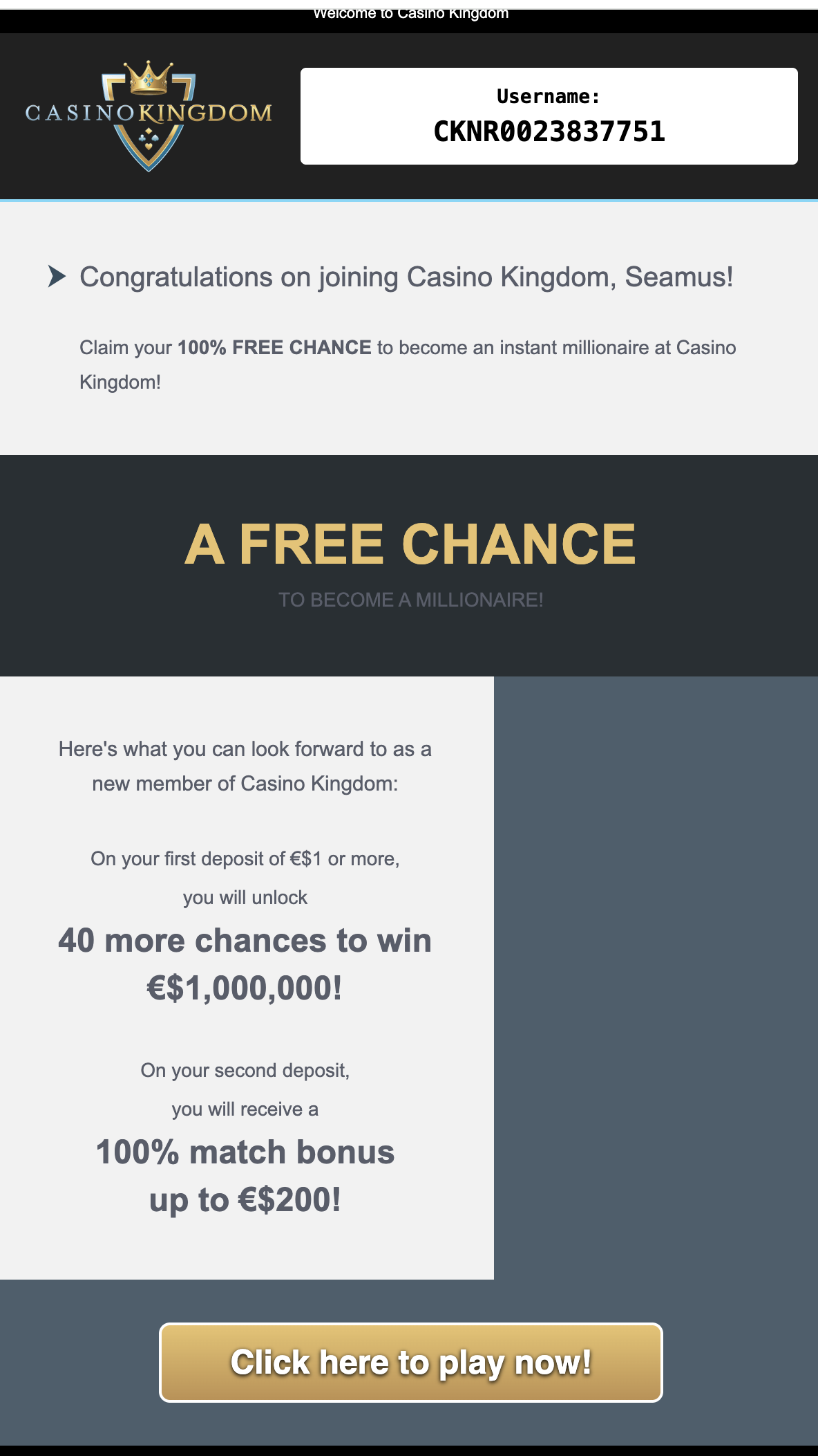 Casino Kingdom welcome email with bonus ladder and player username