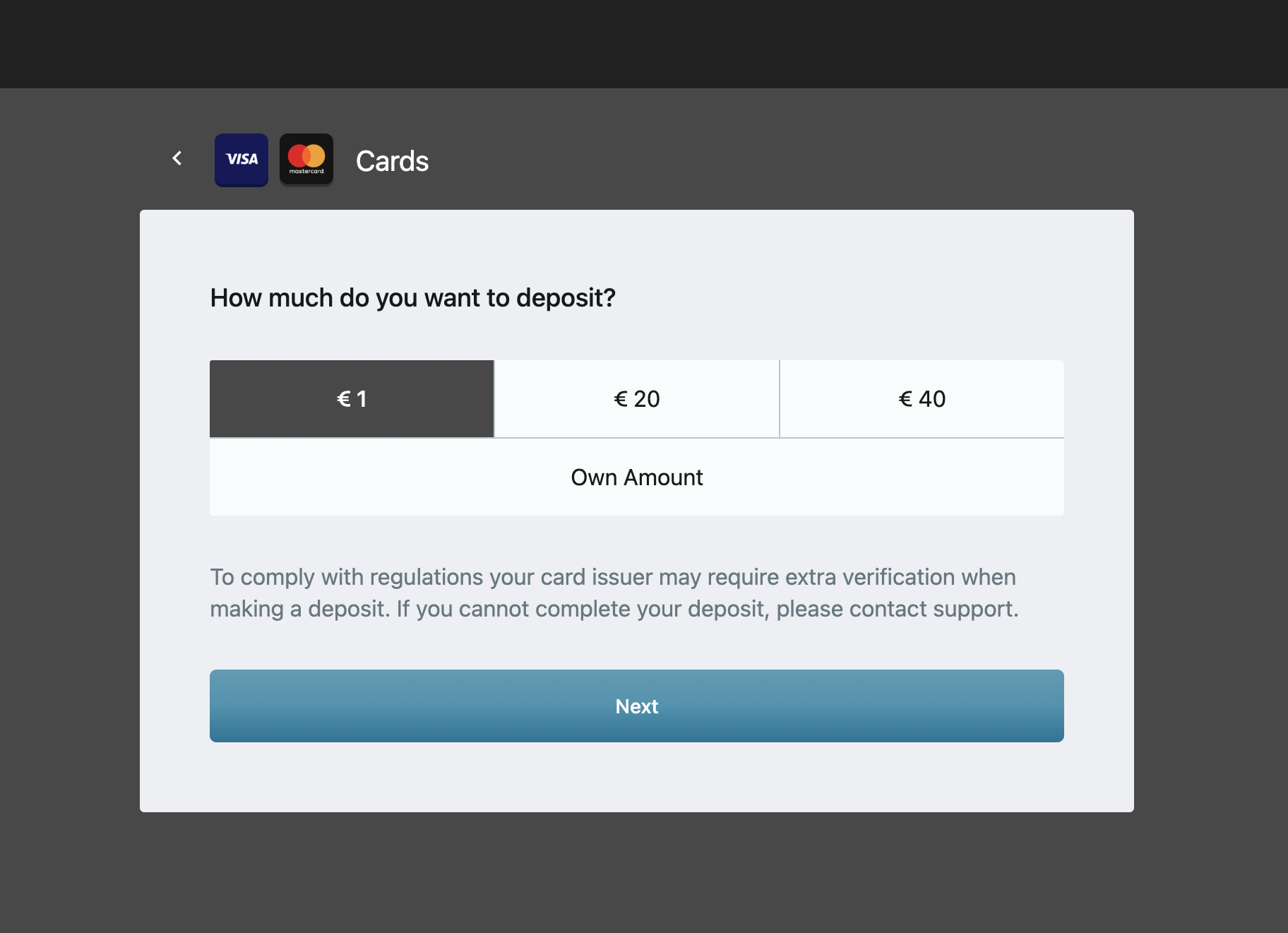 Casino Kingdom cashier with 1 euro deposit option selected