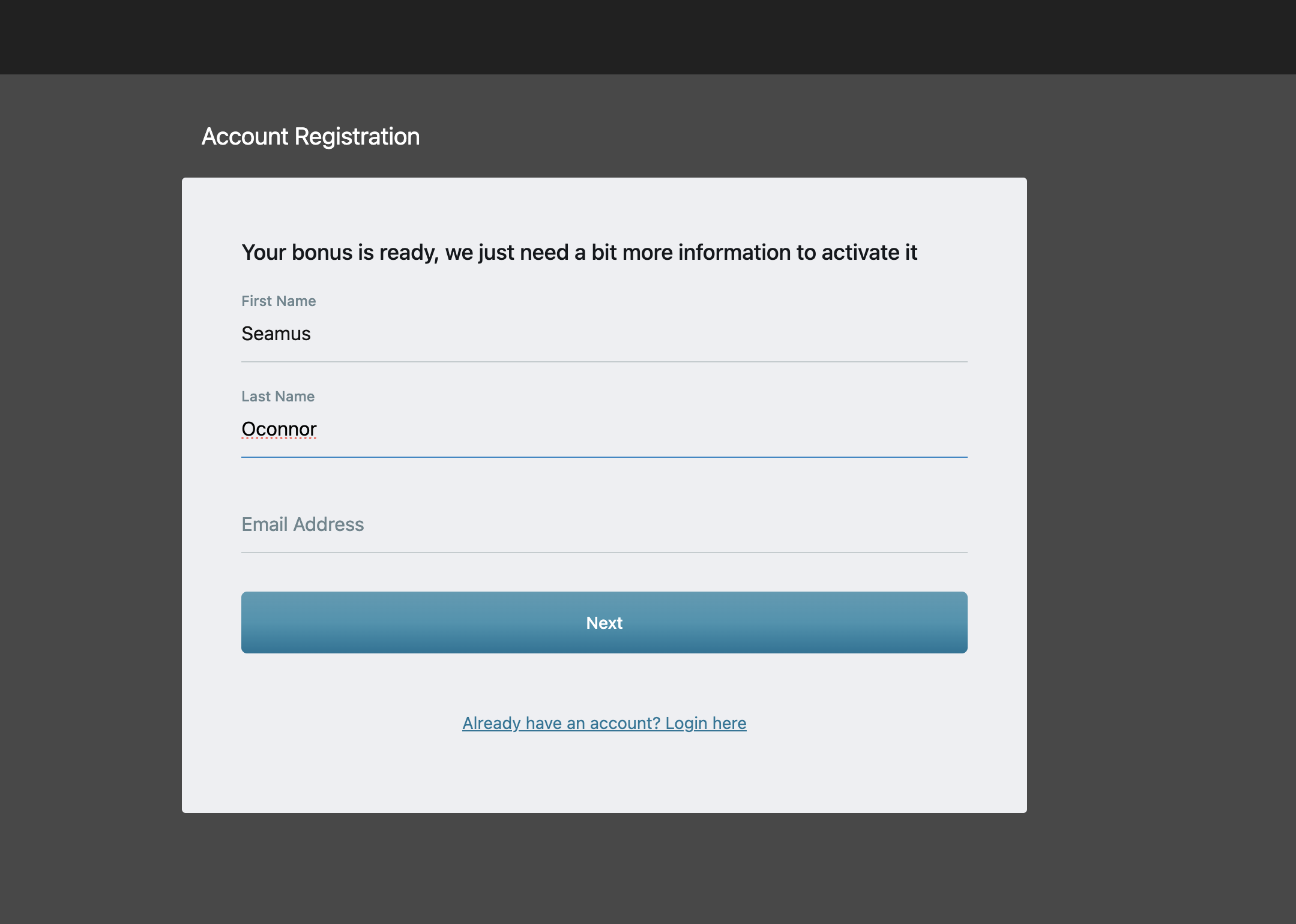 Casino Kingdom registration step one — name and email fields
