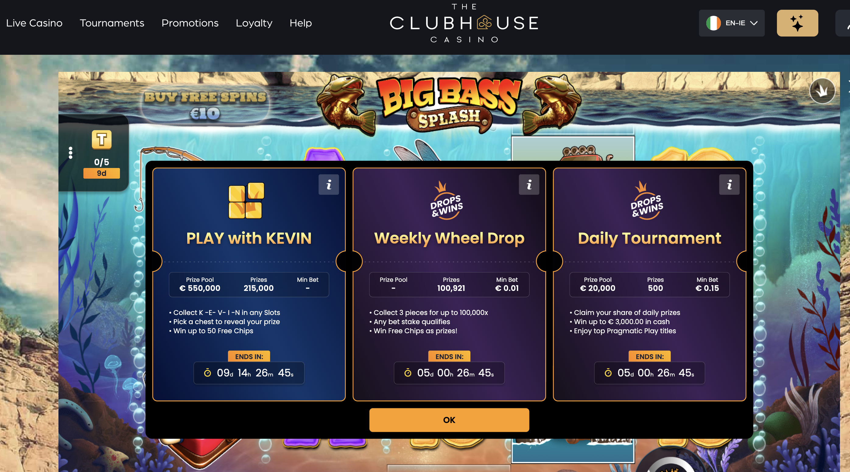 Club House in-game promotions popup — Play with Kevin, Weekly Wheel Drop, Daily Tournament