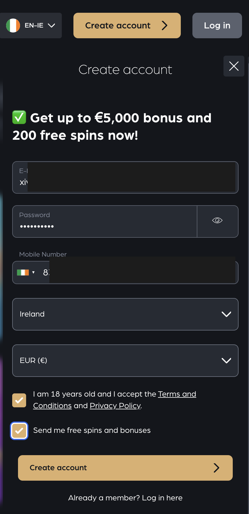 Club House one-step signup — email, phone, Ireland, EUR, 18+ and free-spins opt-in