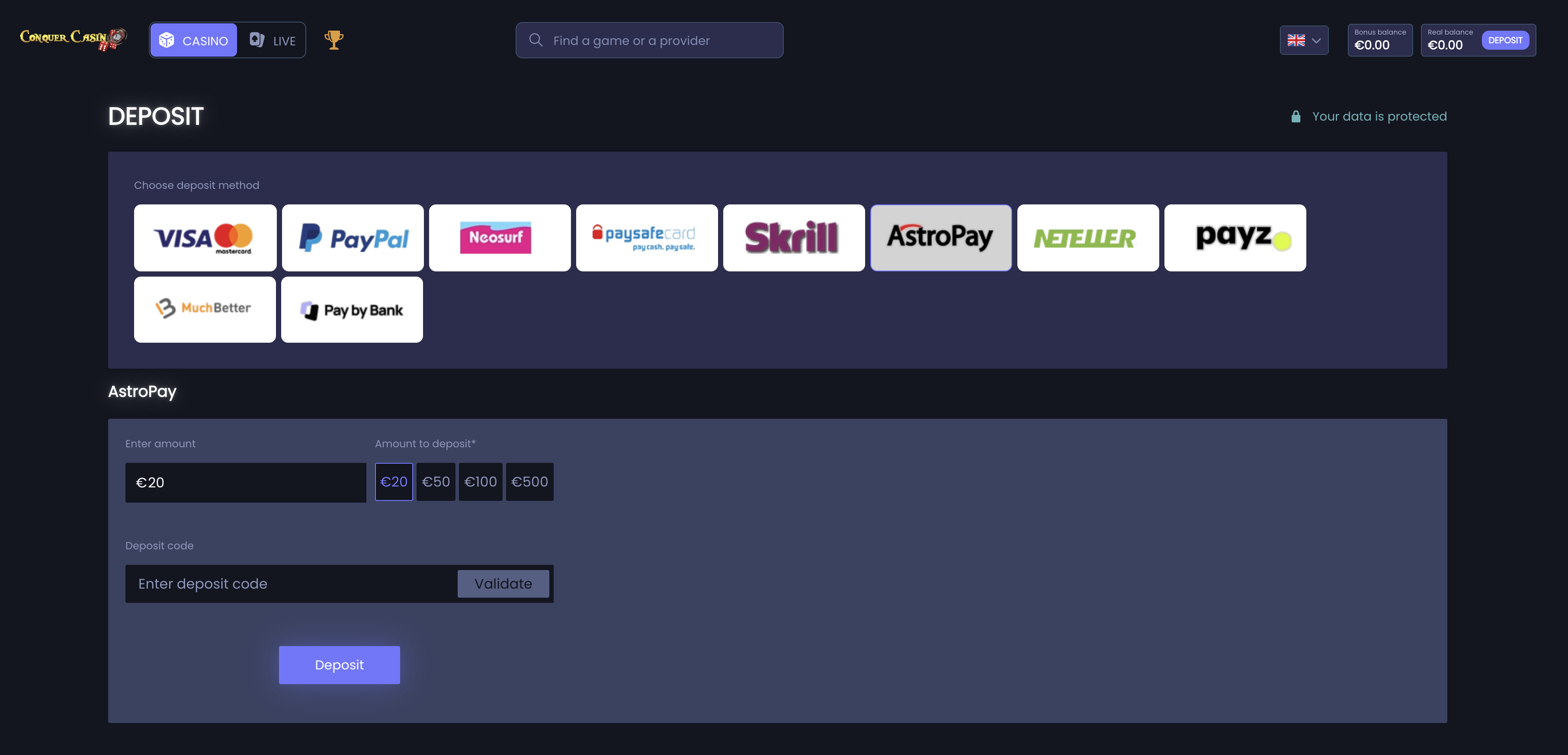 ConquerCasino AstroPay deposit option