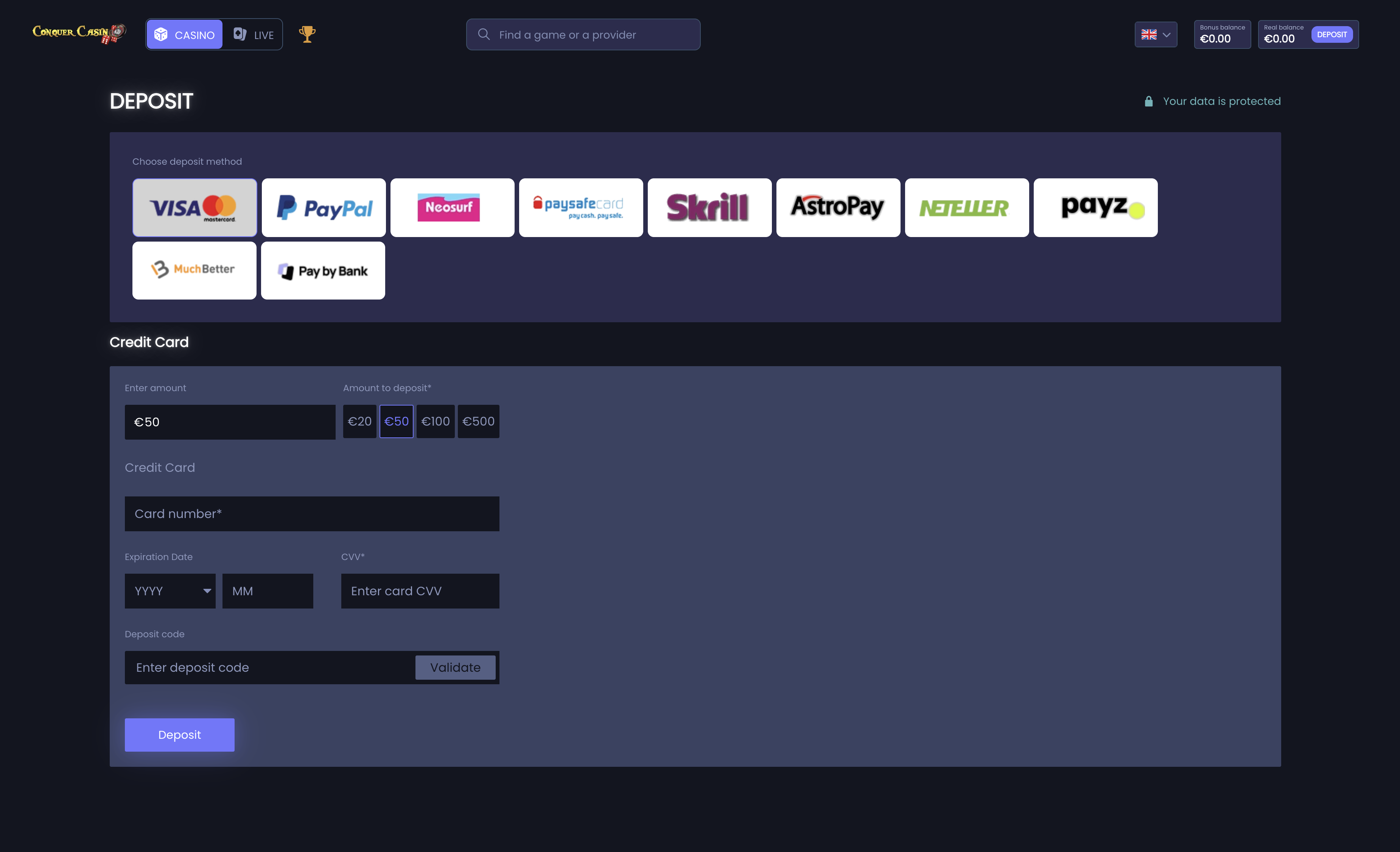 ConquerCasino cashier deposit screen