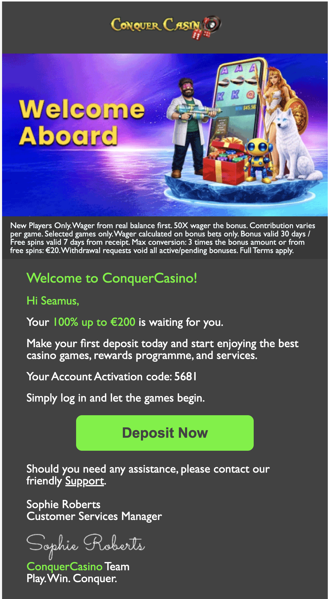 ConquerCasino welcome email