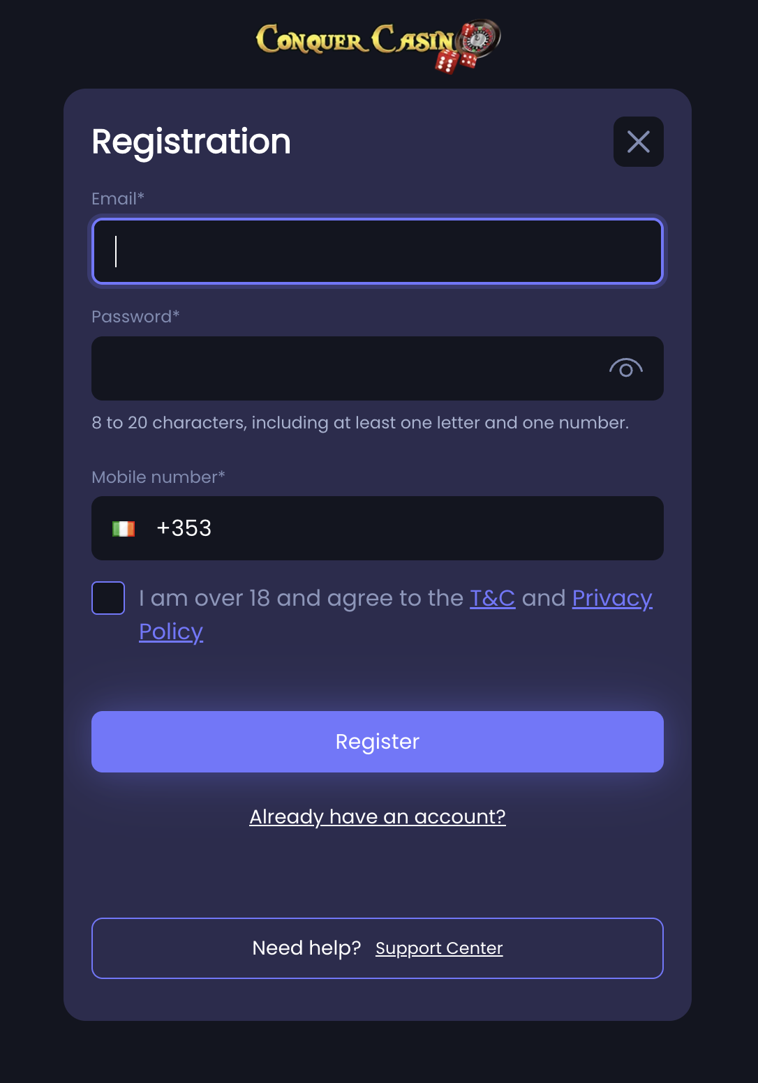 ConquerCasino registration step one