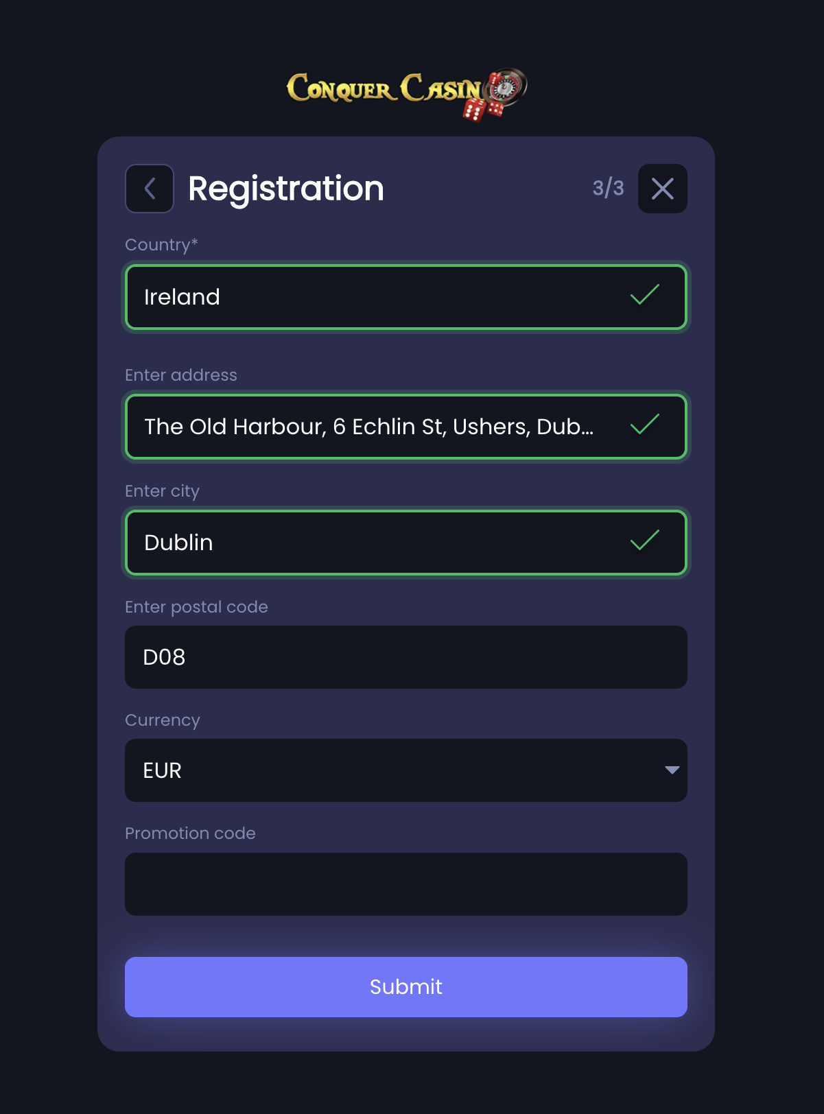 ConquerCasino registration step three