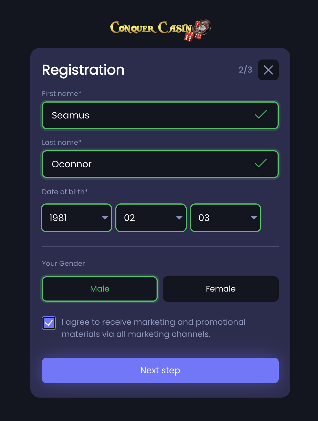 ConquerCasino registration step two