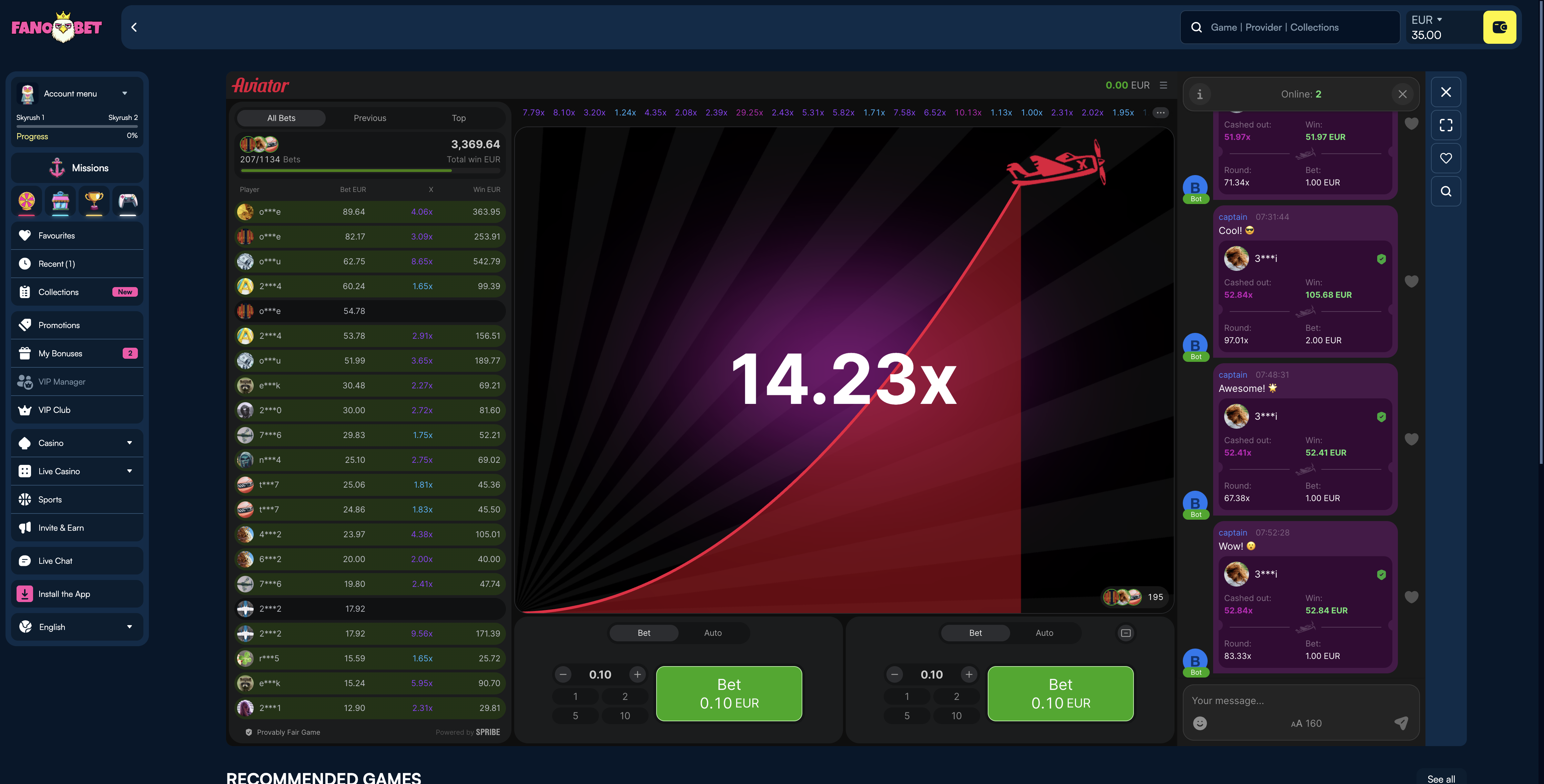 FanoBet Aviator crash game in real-money play