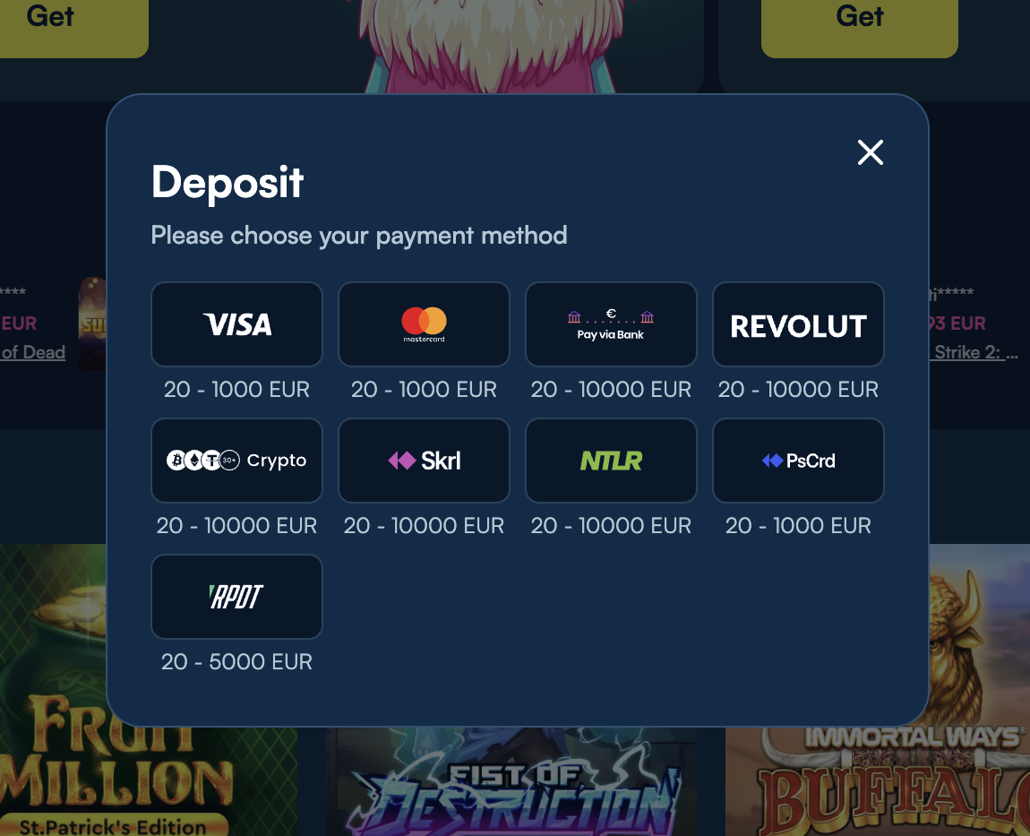 FanoBet deposit methods — cards, bank transfer, crypto and e-wallets from €20