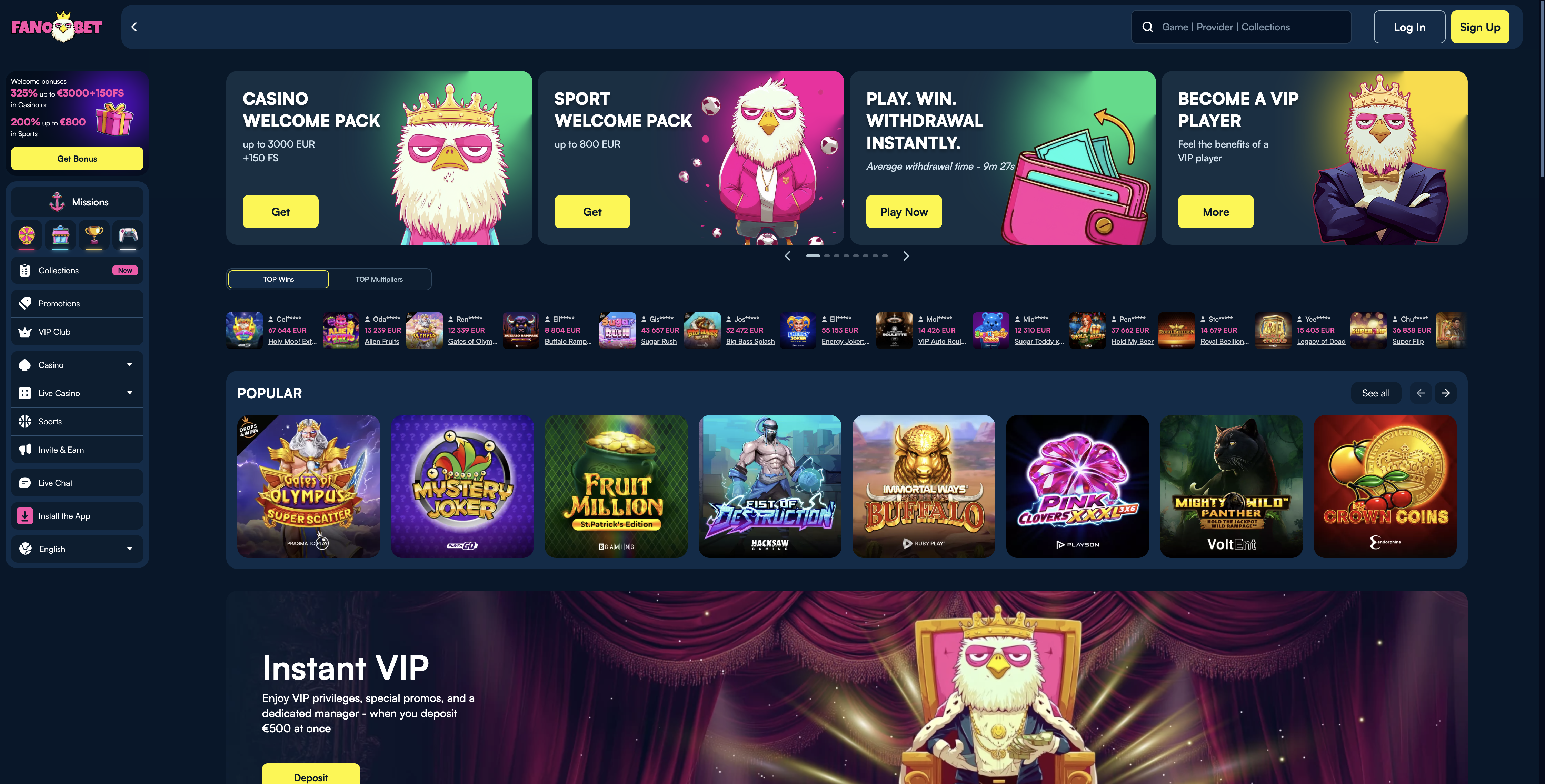 FanoBet home page lobby interface for Irish players