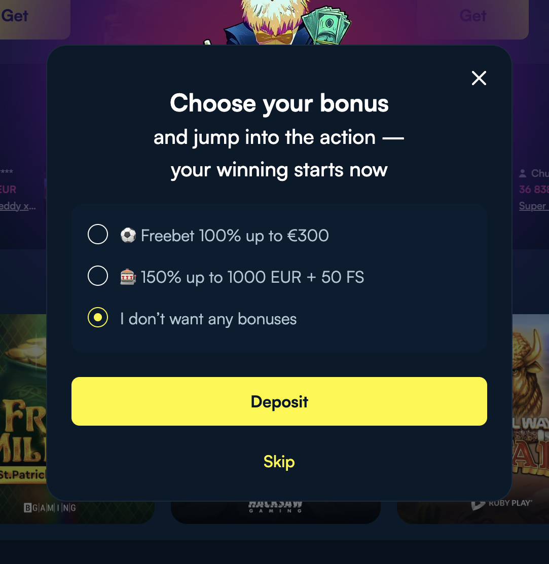 FanoBet choose your bonus — Sports freebet, 150 percent casino welcome, or no bonus