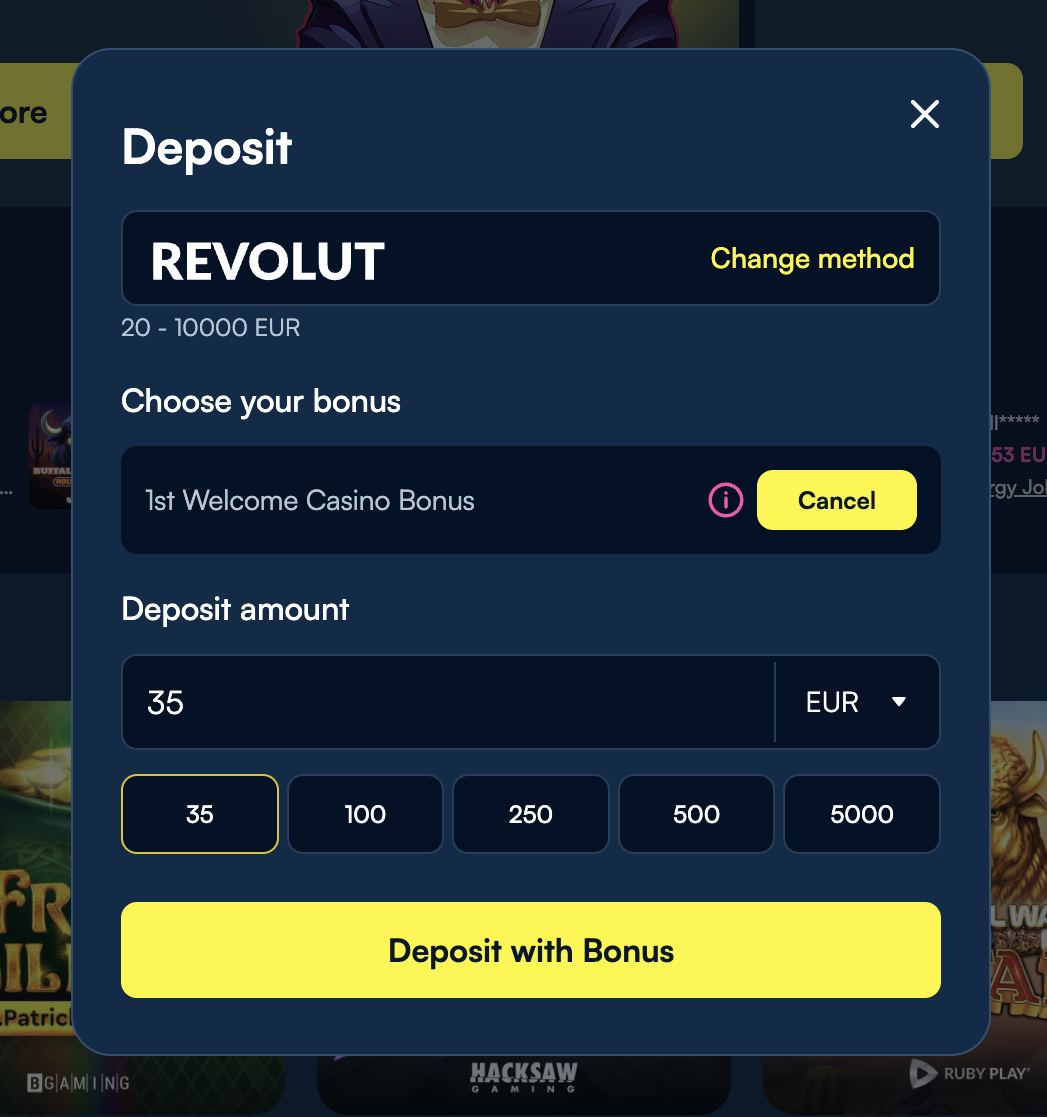 FanoBet Revolut deposit of €35 with 1st Welcome Casino Bonus active