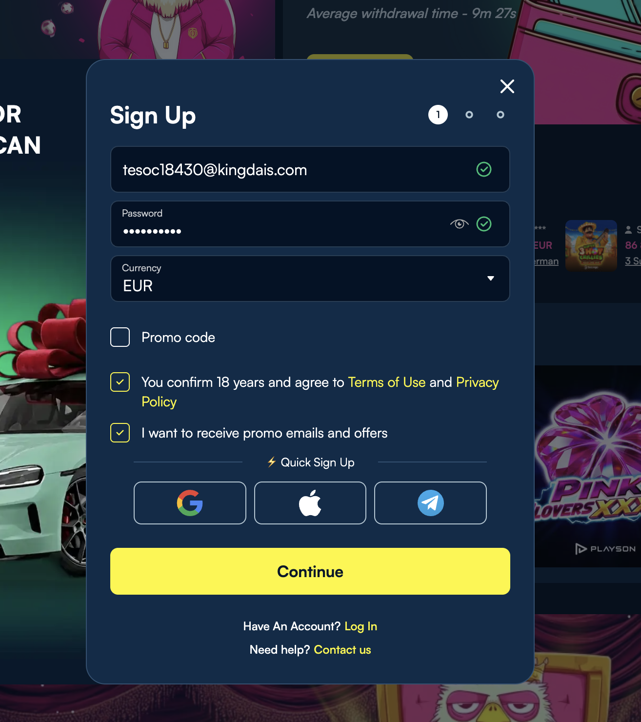 FanoBet sign-up step one — email, password, EUR currency and age confirmation