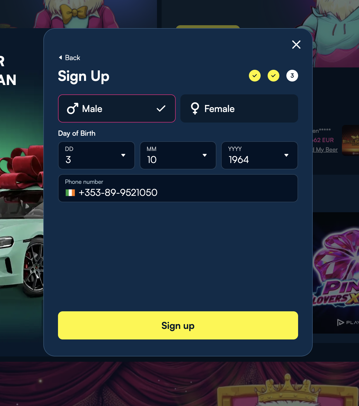 FanoBet sign-up step three — date of birth and Irish mobile number