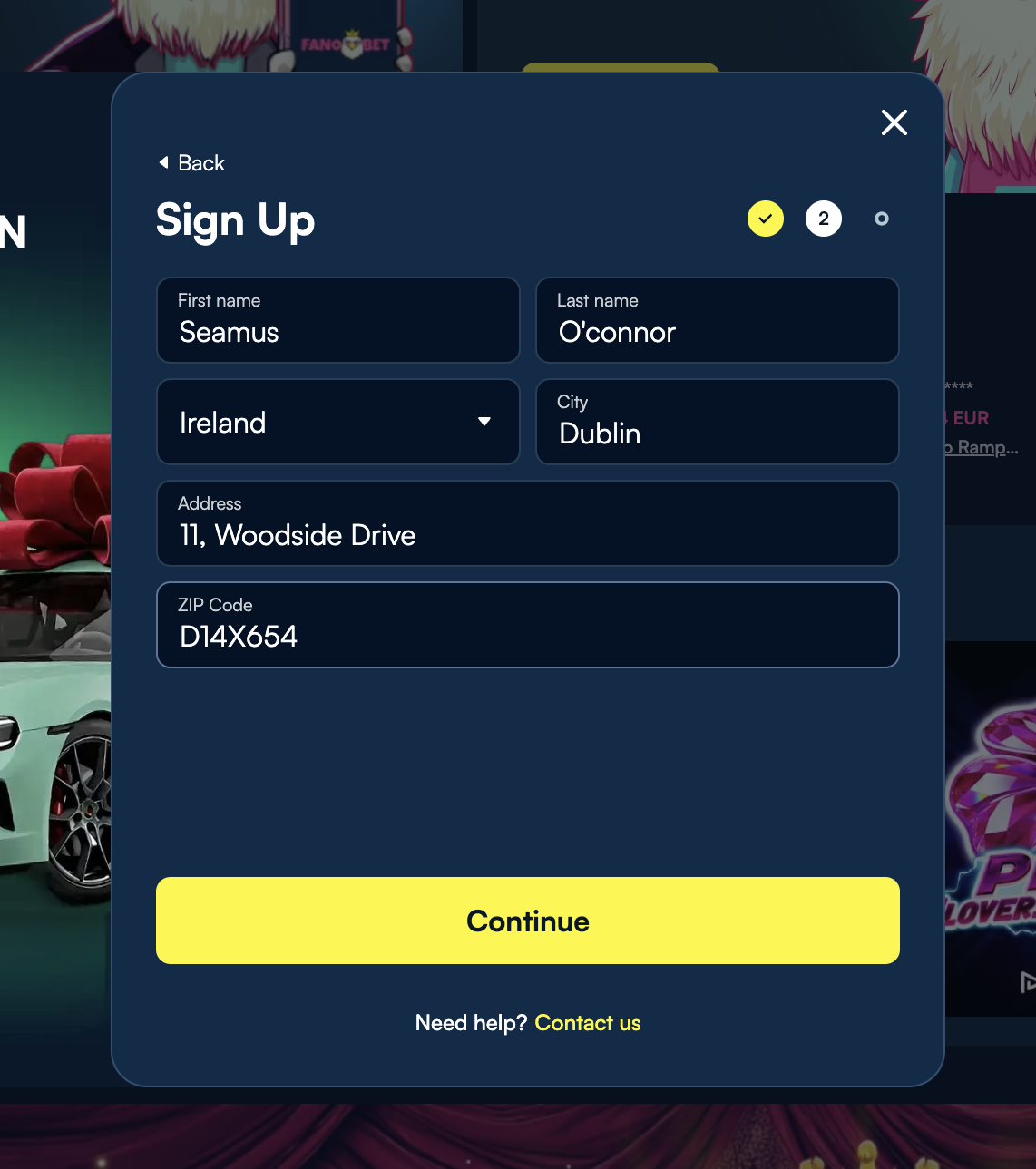 FanoBet sign-up step two — name and residential address