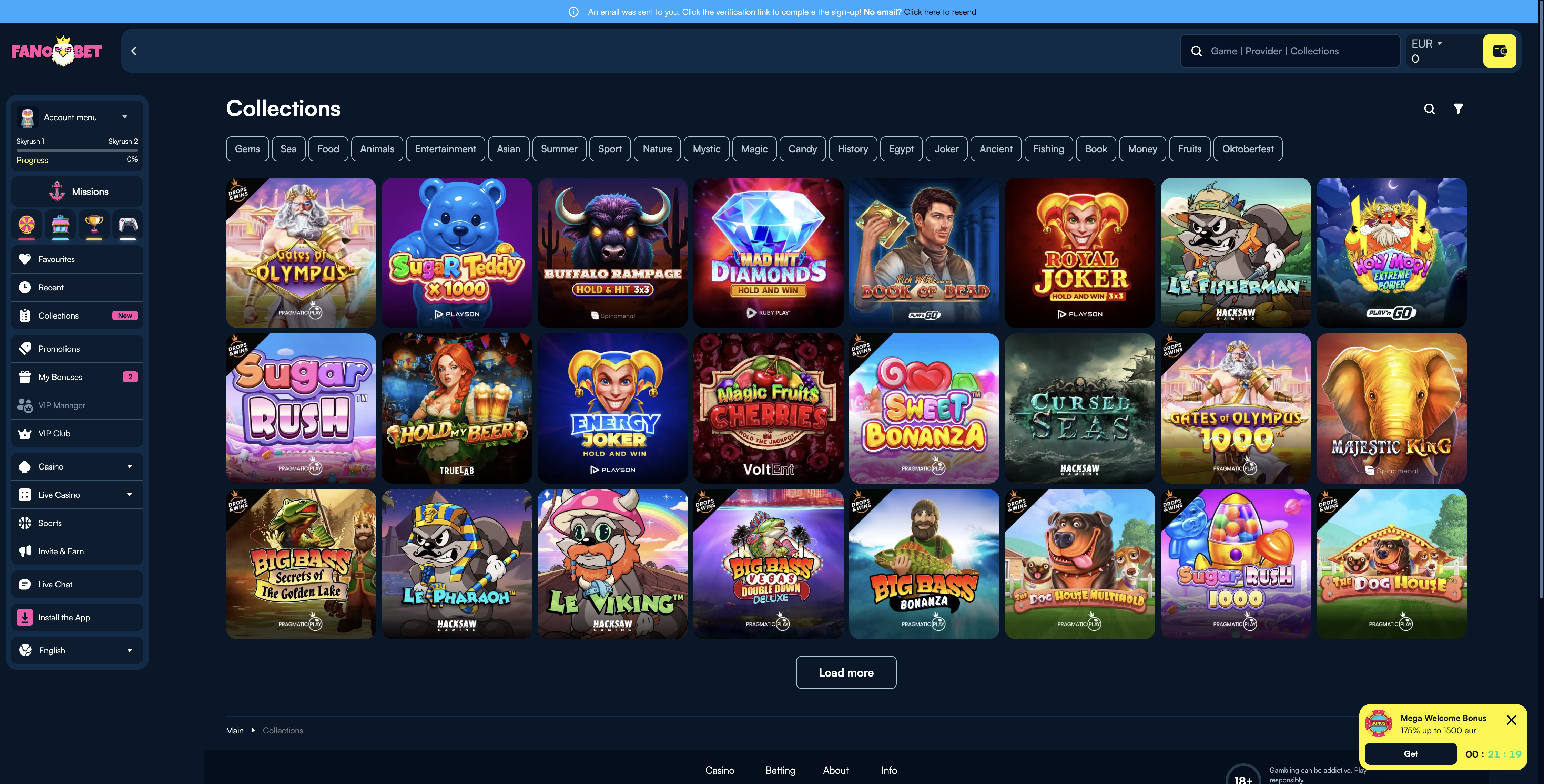 FanoBet slot collections lobby with BGaming and other studio tiles