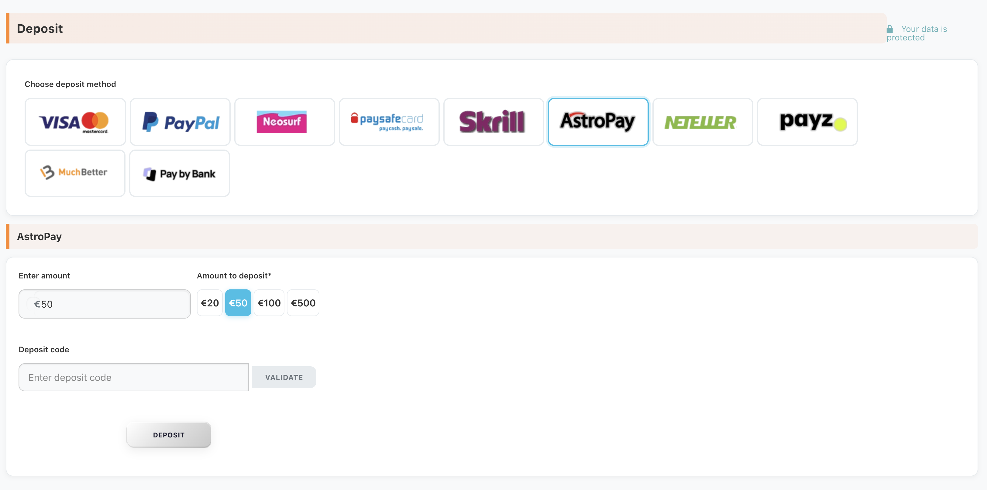 Fruity King cashier after registration — deposit via AstroPay