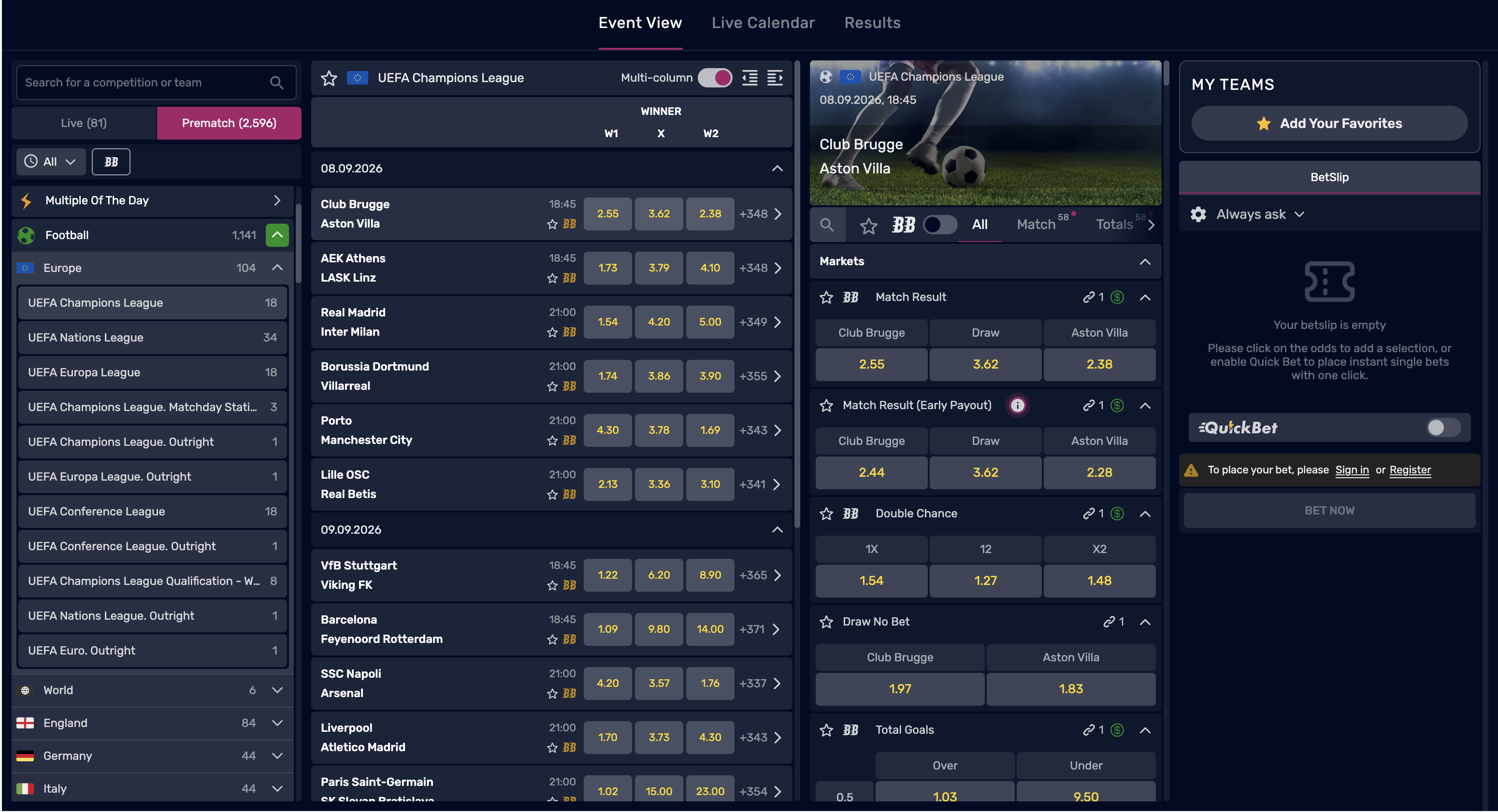 Fruity King Champions League betting markets