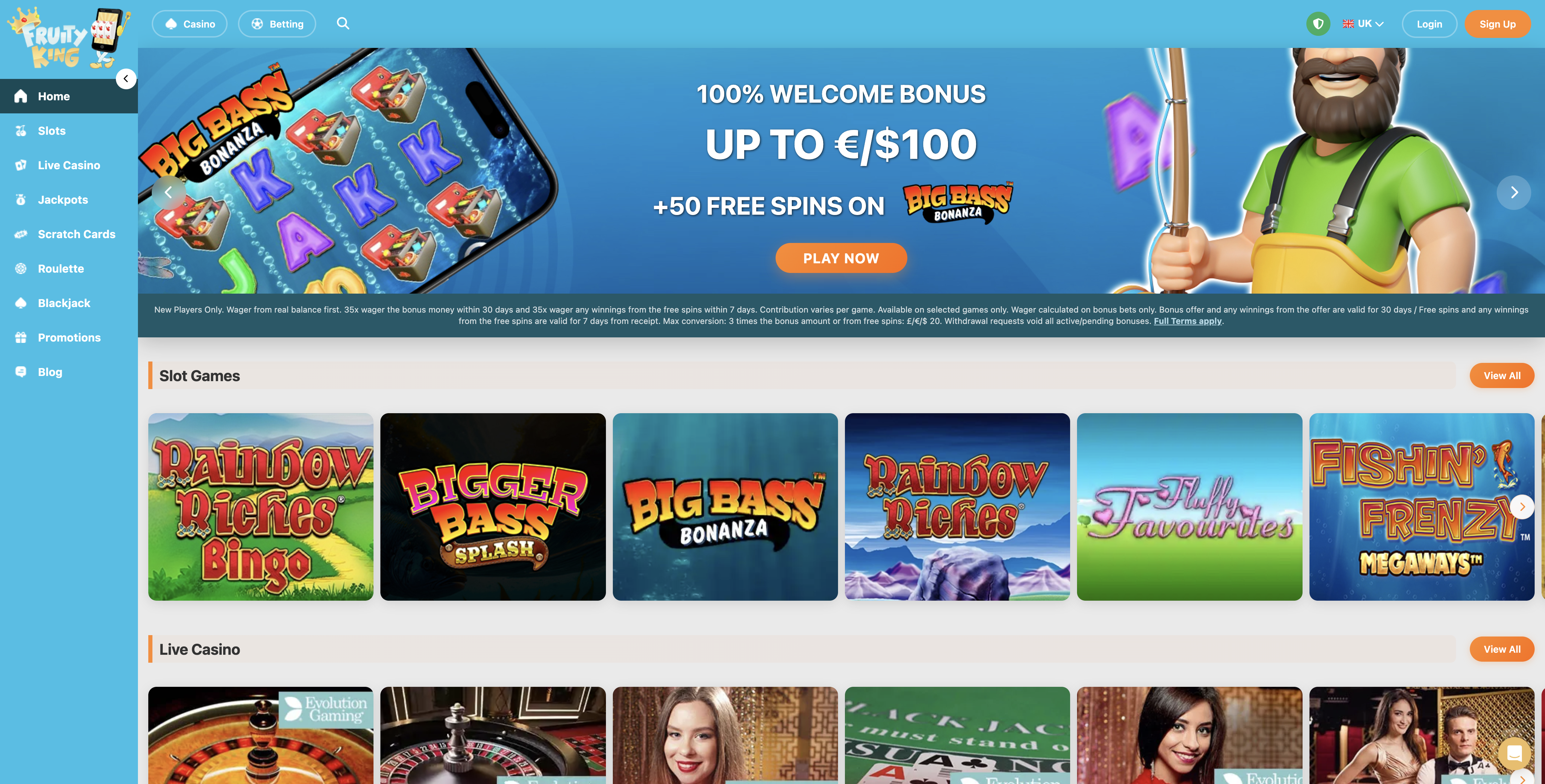 Fruity King home page with casino, sports and bingo welcome tiles