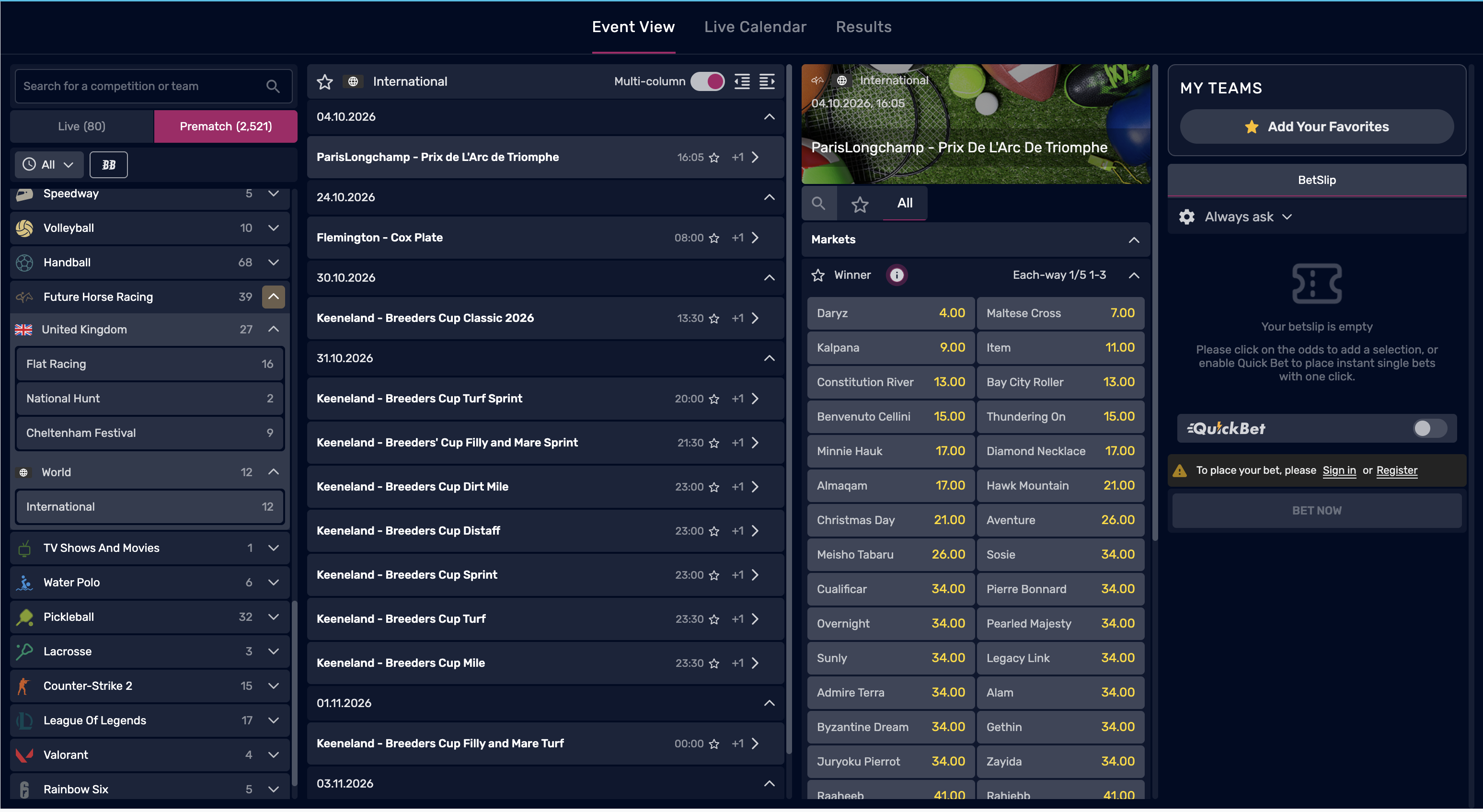 Fruity King horse racing betting markets