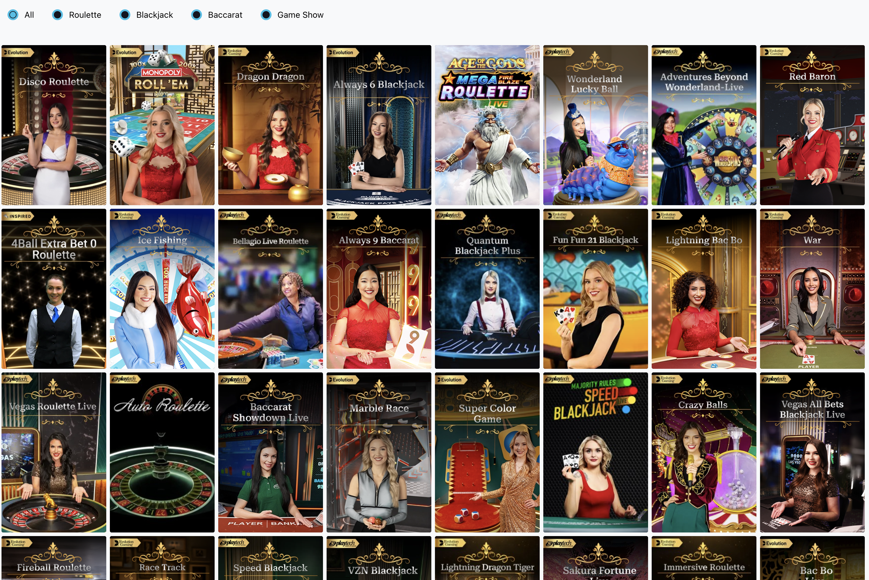 Fruity King live casino lobby — Evolution roulette, blackjack and game shows
