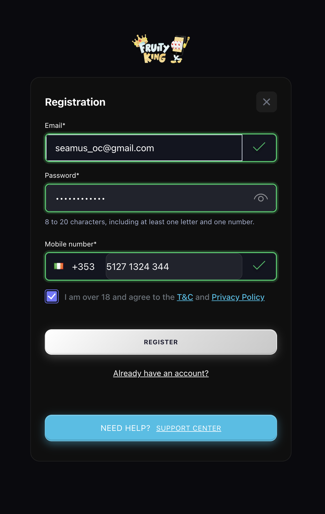 Fruity King registration step one — email, password and mobile number