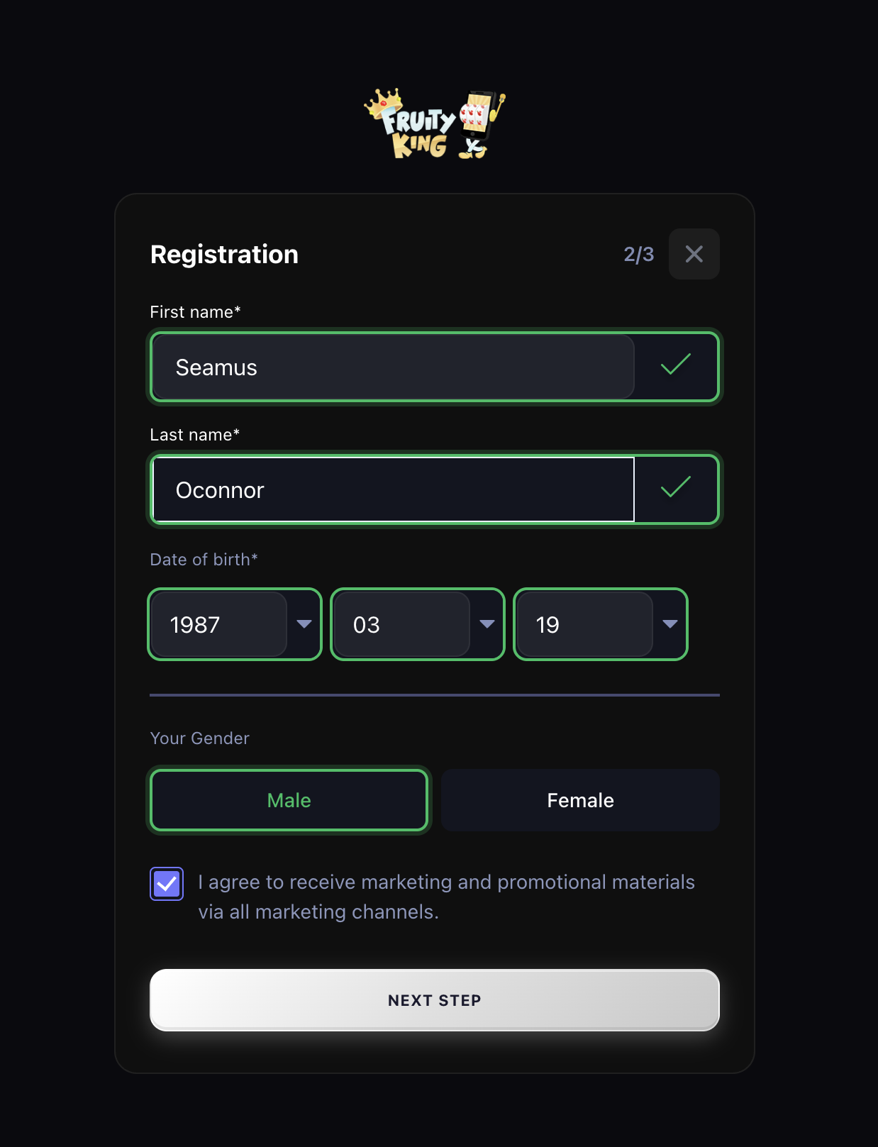 Fruity King registration step two — name, date of birth, gender and address