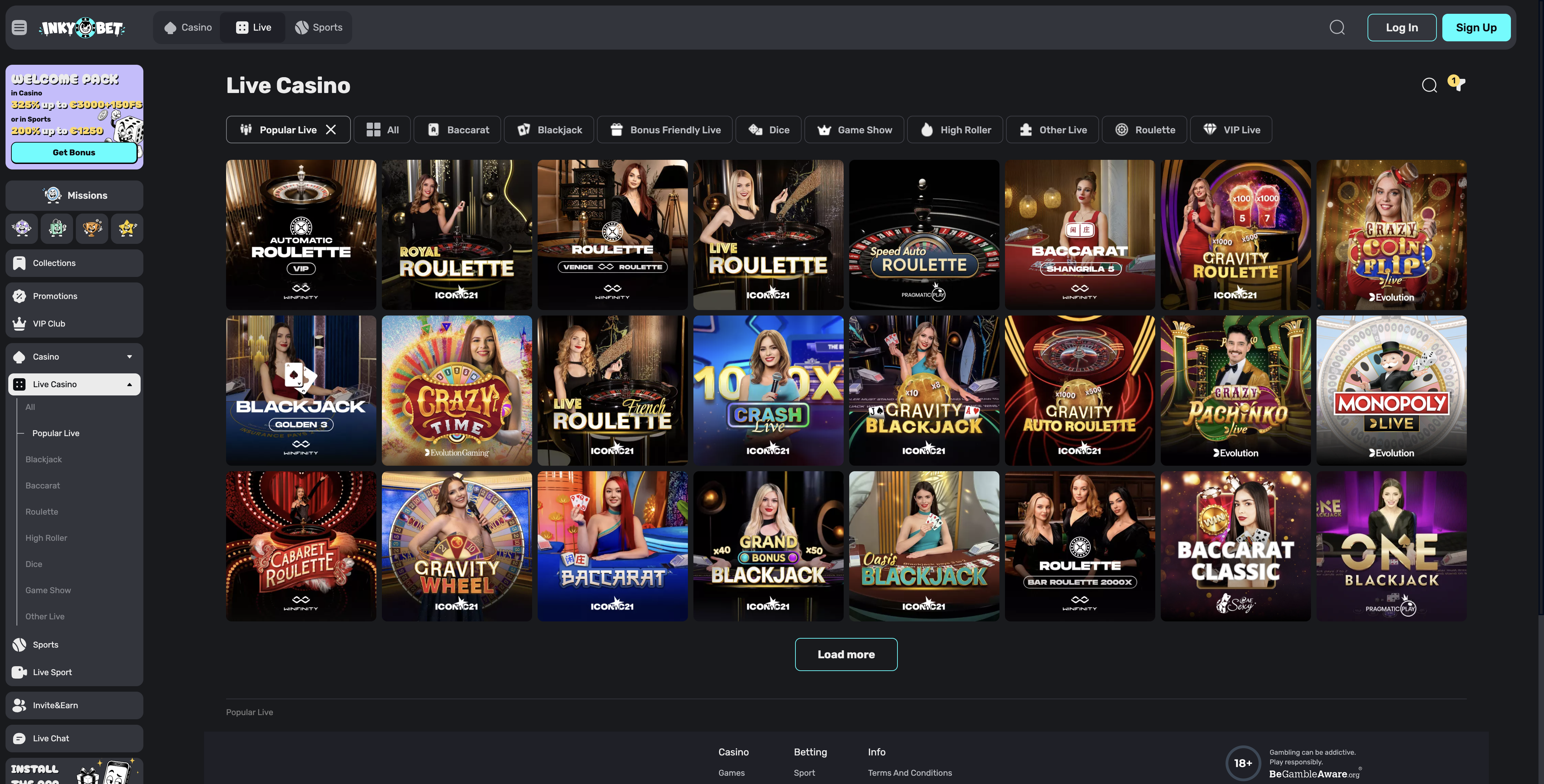 Inky Bet live casino lobby