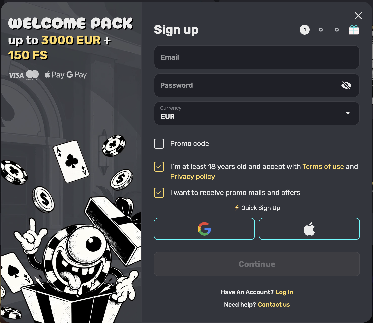 Inky Bet signup form