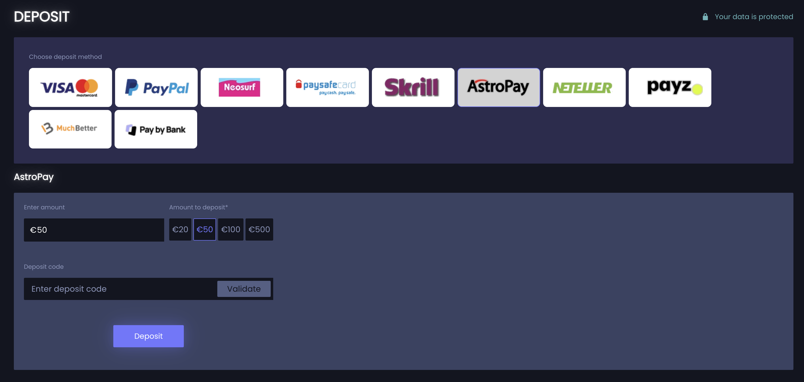 JeffBet AstroPay deposit option in the EUR cashier