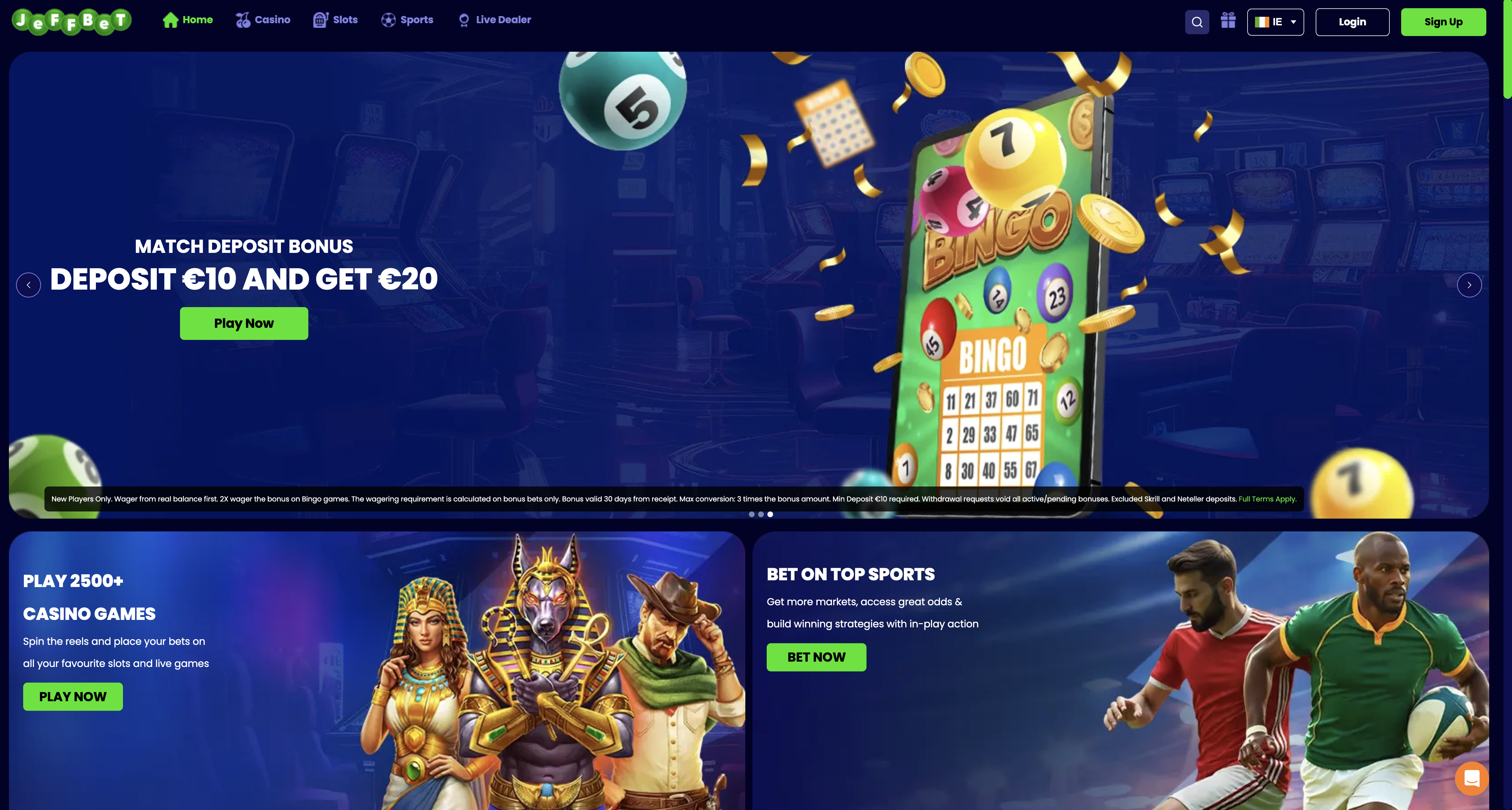 JeffBet home page for Irish players with casino, sports and bingo tiles