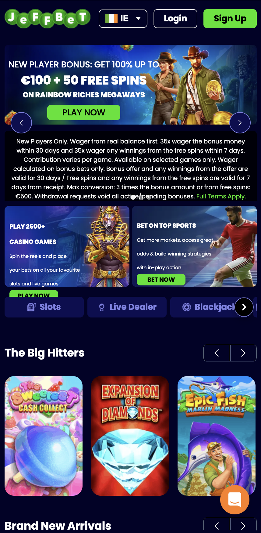 JeffBet mobile homepage showing 2500 plus casino games and sports tiles
