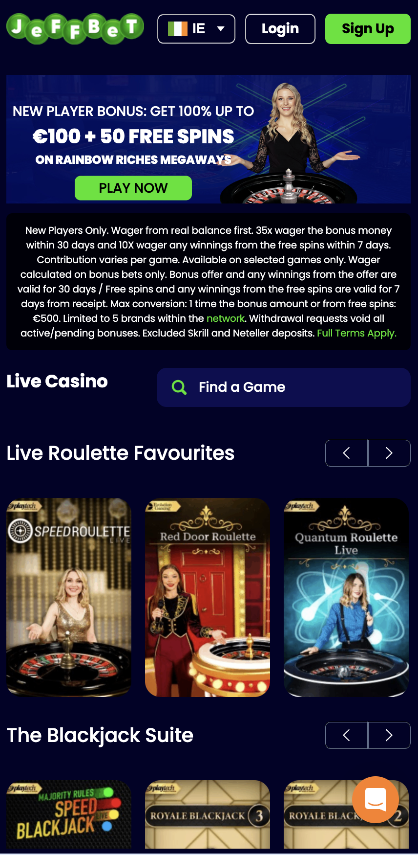 JeffBet mobile live casino lobby with Playtech and Evolution tables
