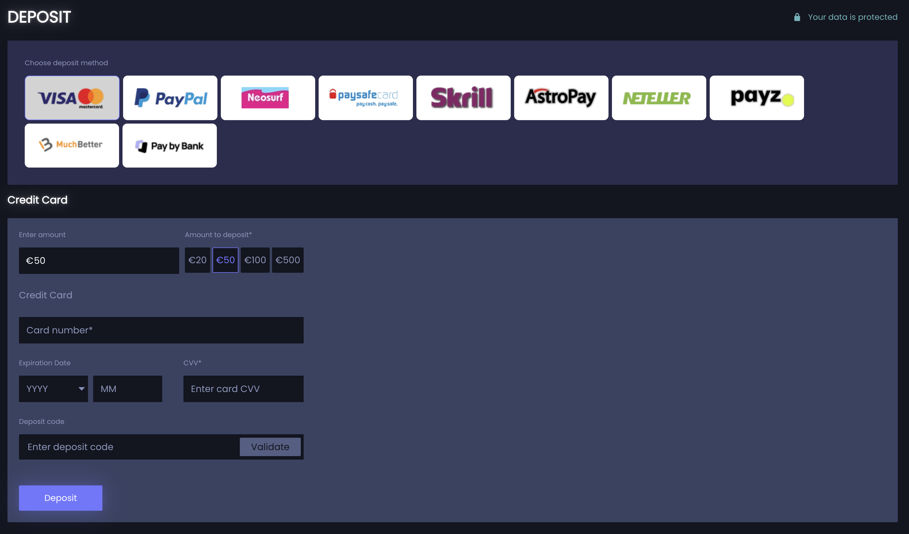 JeffBet registration step four — euro cashier with Visa, PayPal and e-wallets