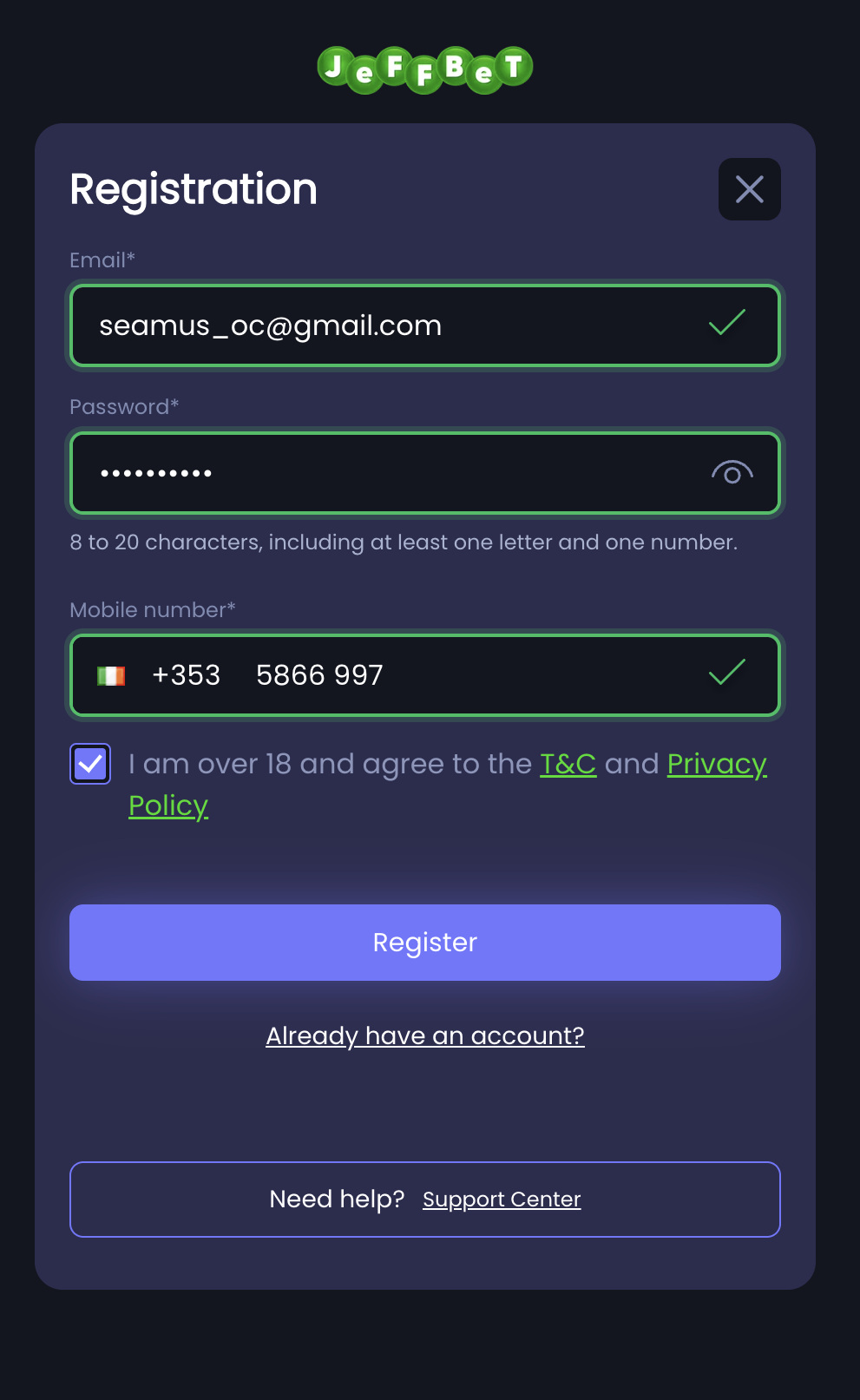 JeffBet registration step one — email, password and Irish mobile number