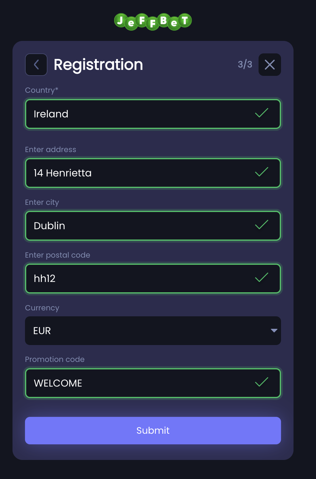 JeffBet registration step three — Ireland address, EUR and promo code