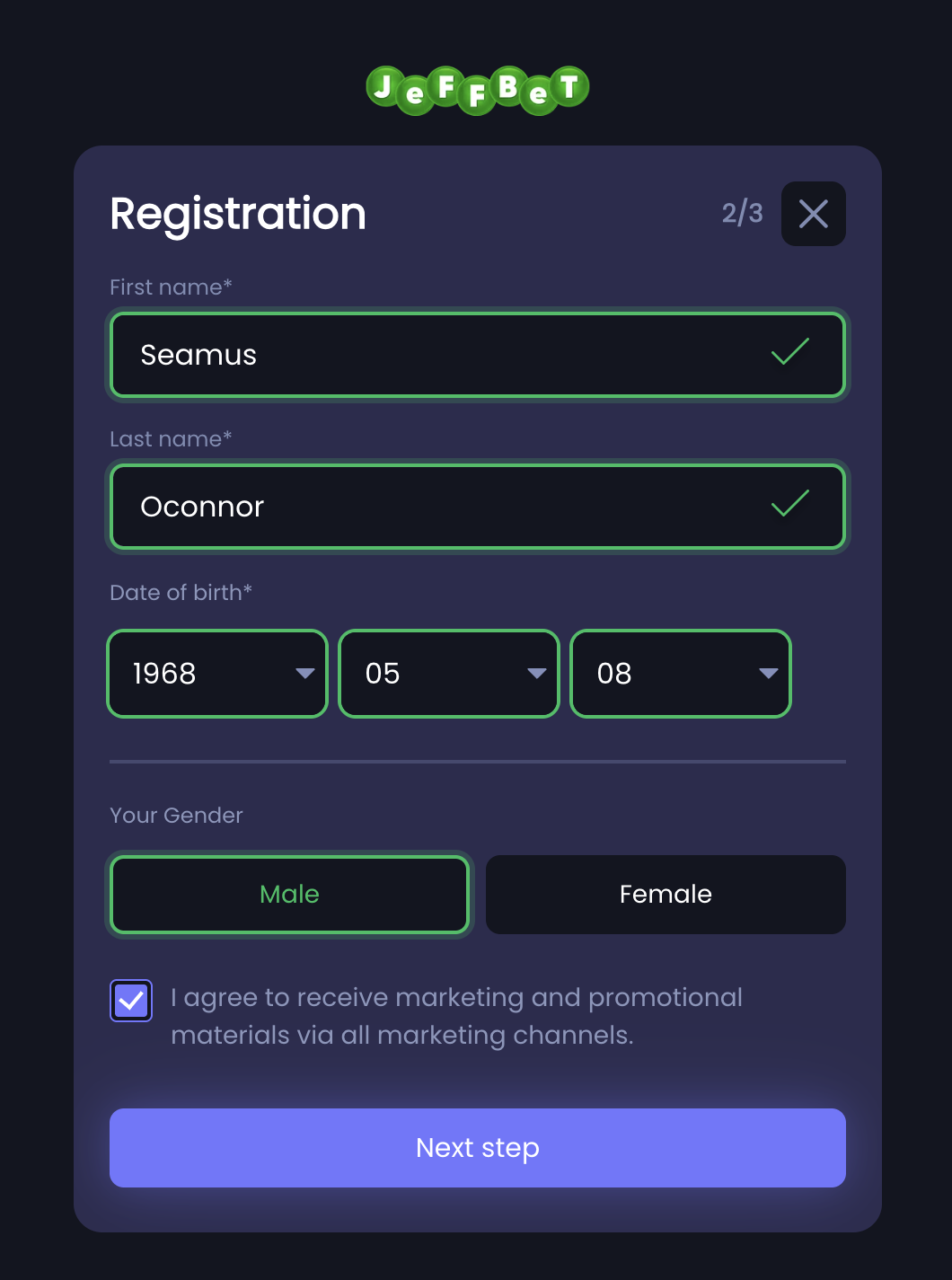 JeffBet registration step two — name, date of birth and gender